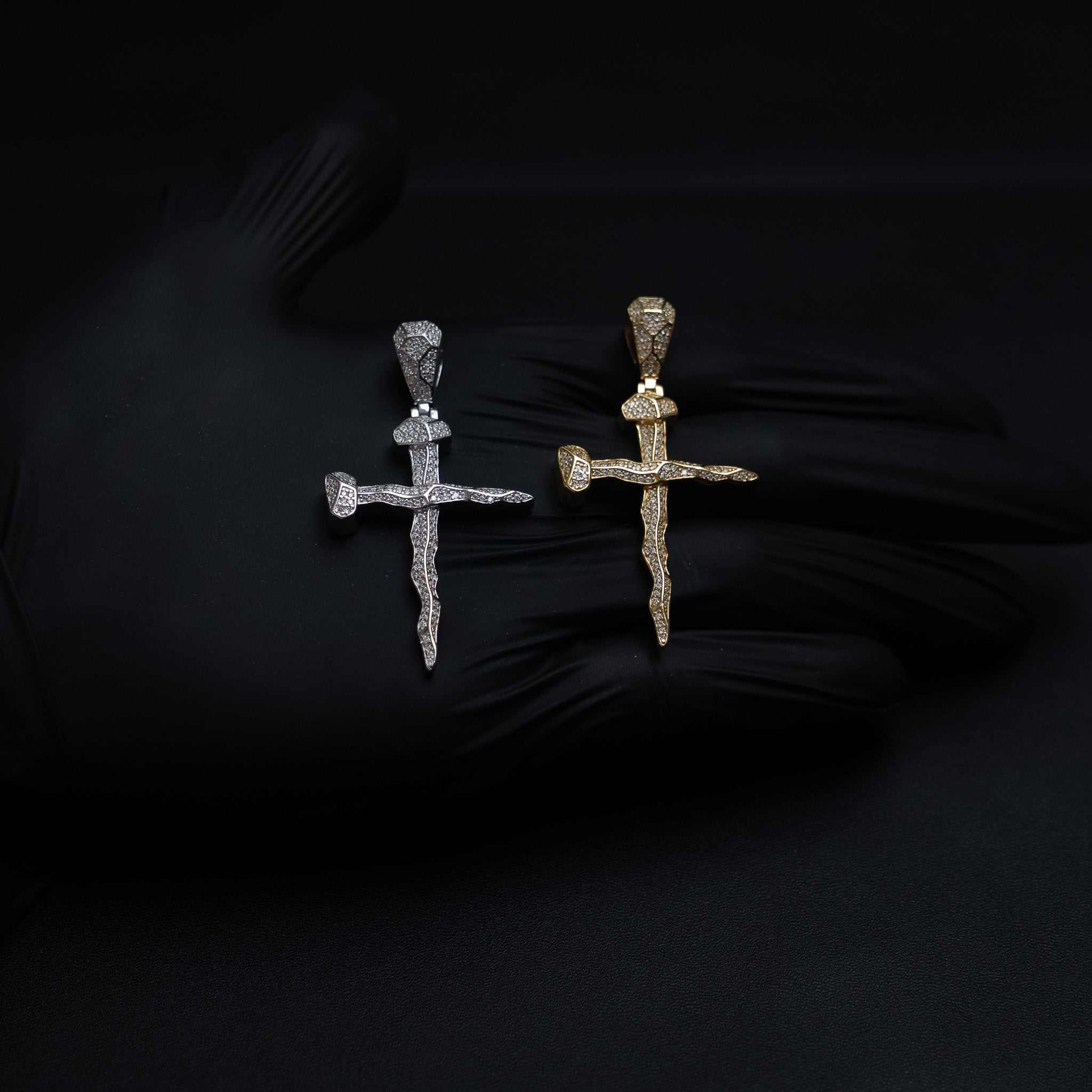 925 sterling silver Nail Cross Moissanite pendant in rhodium and 14K gold plating with VVS1 clarity stones