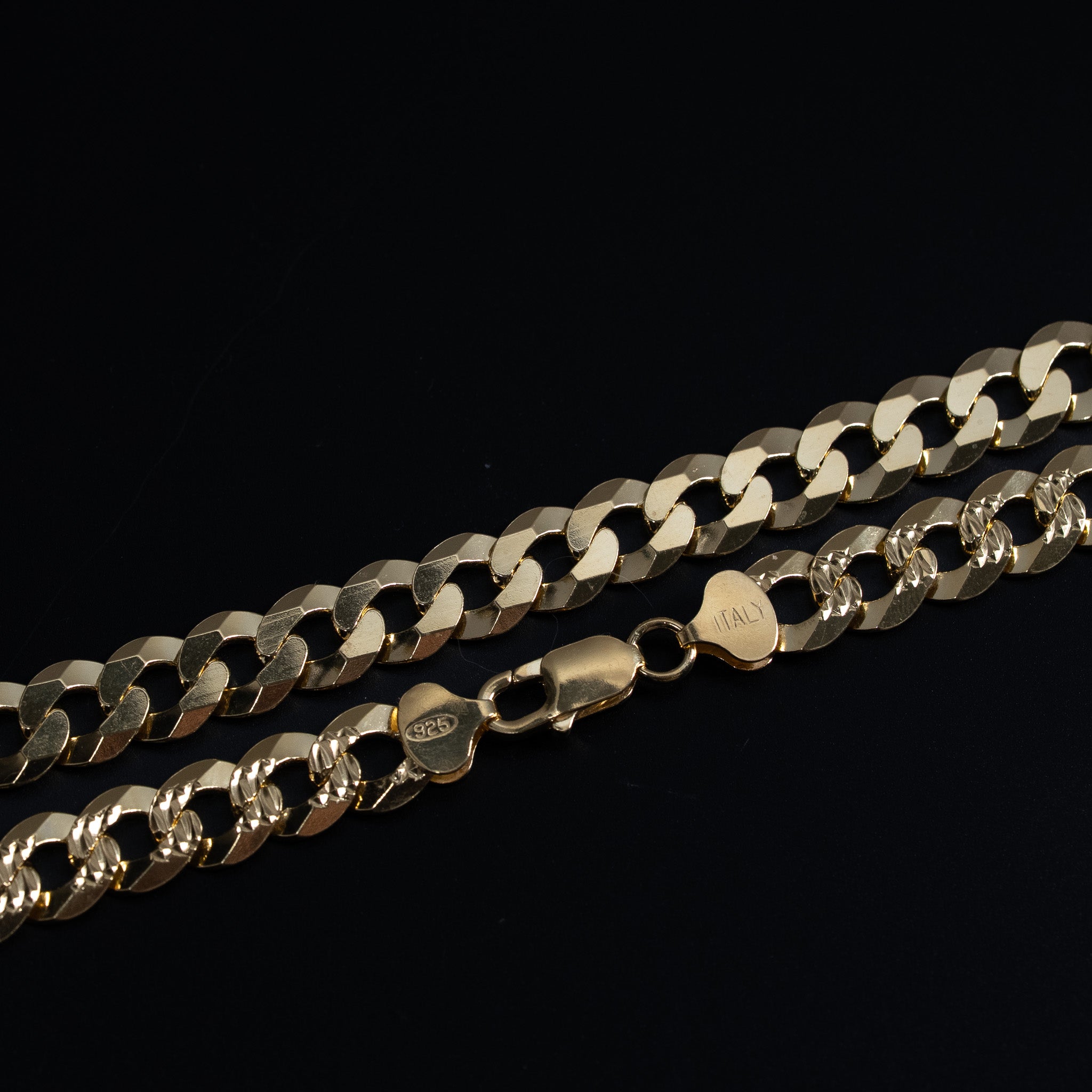 14K Gold Flat Miami Cuban Curb Link Chain Diamond Cut in 925 Sterling Silver