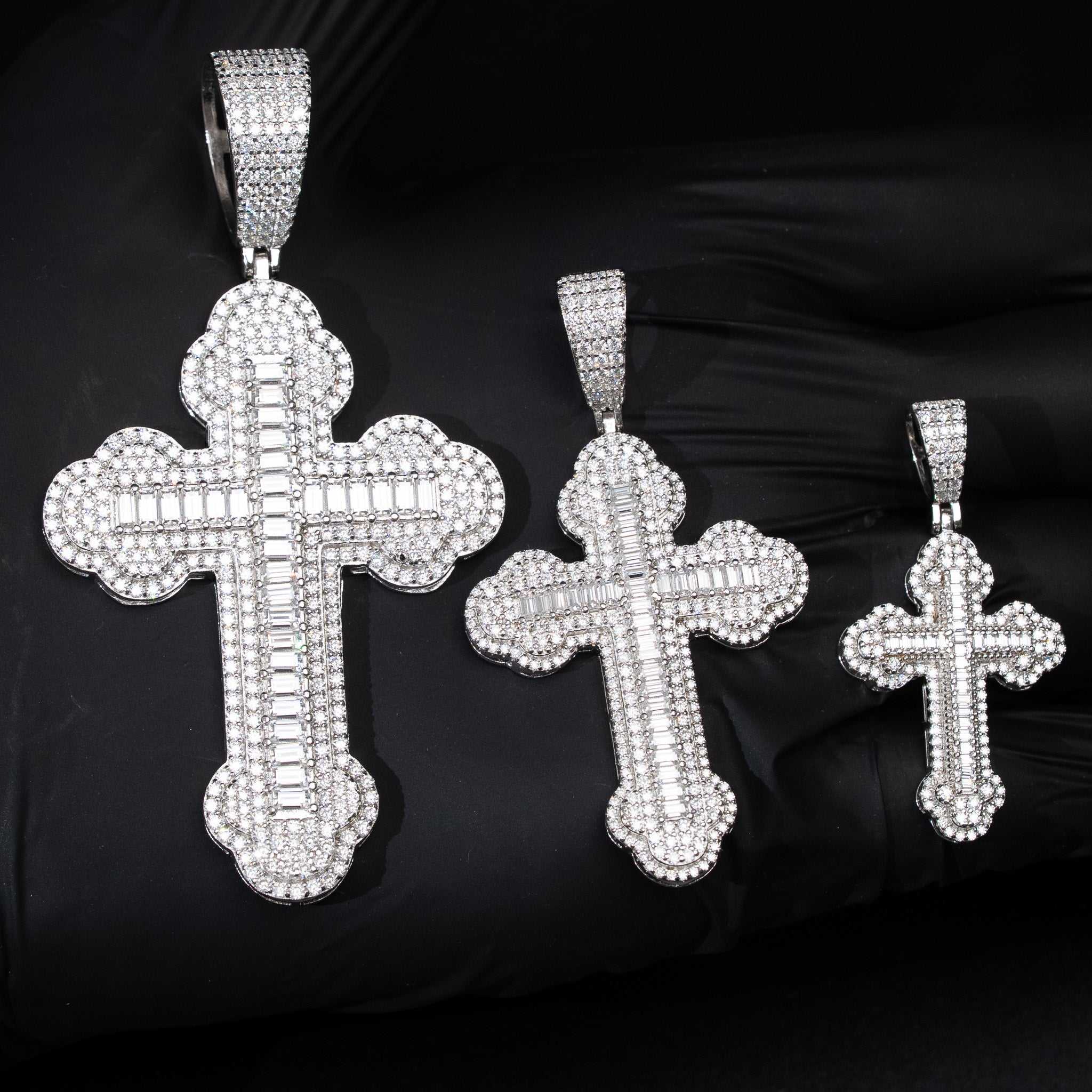 Moissanite Orthodox Cross Pendant - 925 Sterling Silver Baguette Iced Necklace