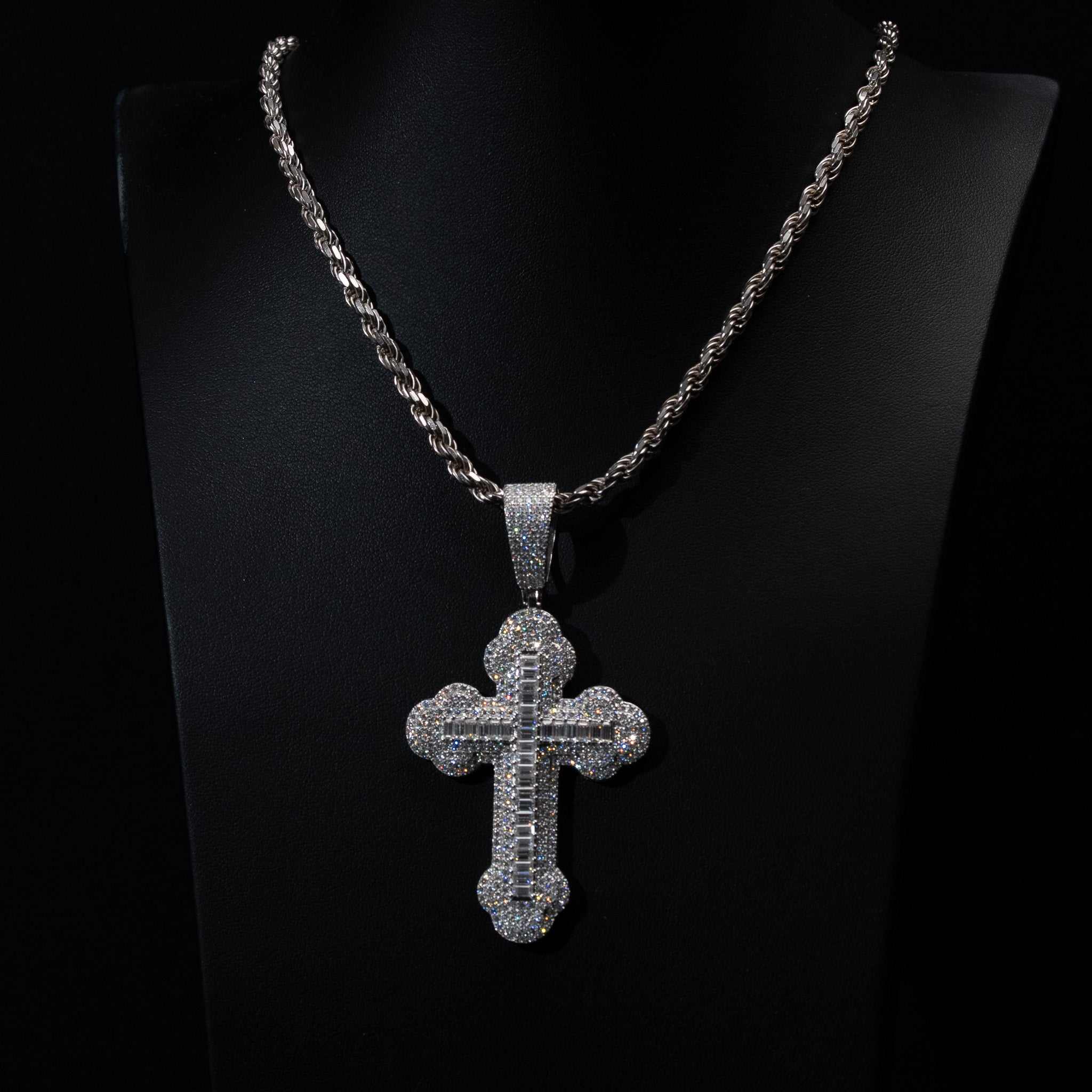 Moissanite Orthodox Cross Pendant - 925 Sterling Silver Baguette Iced Necklace