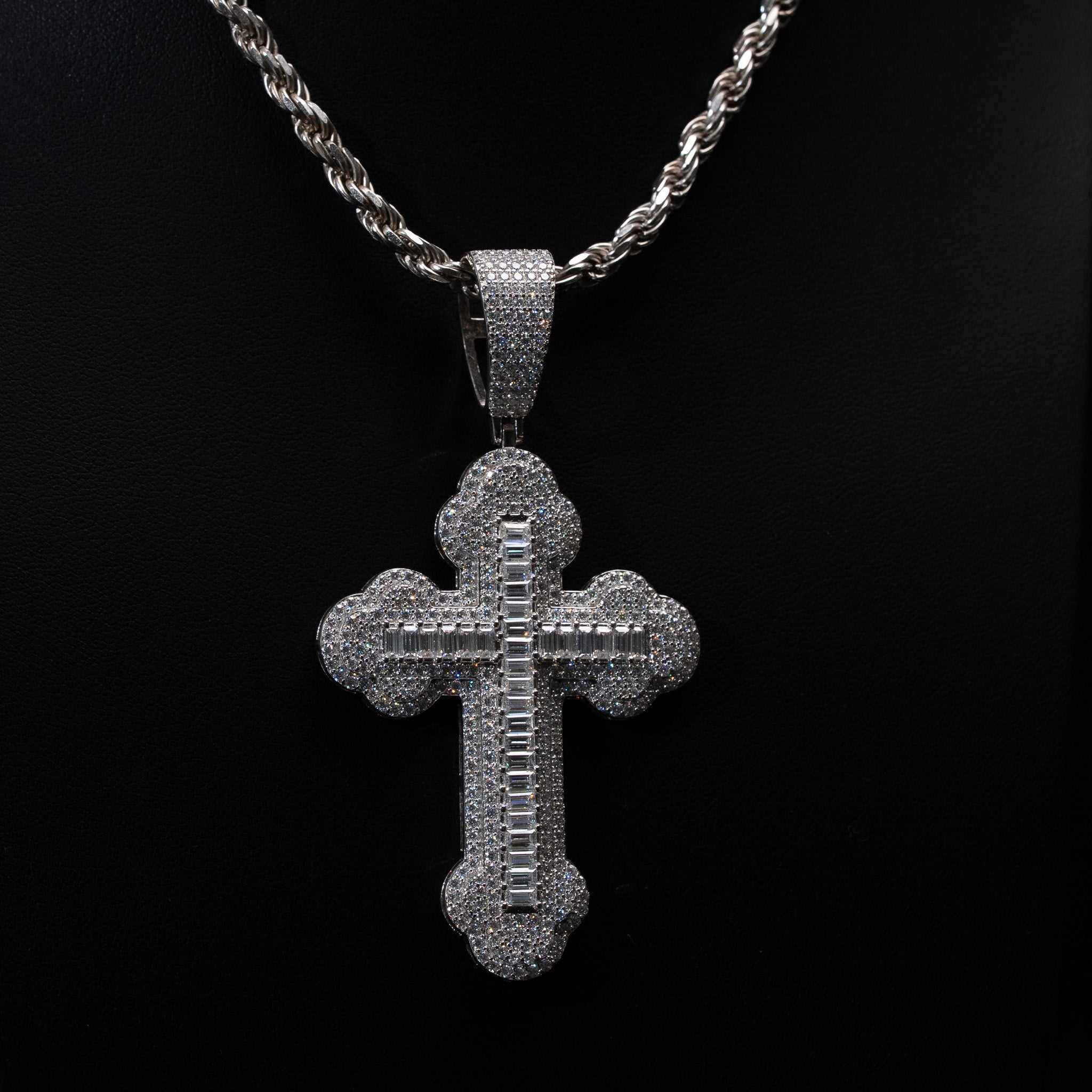 Moissanite Orthodox Cross Pendant - 925 Sterling Silver Baguette Iced Necklace