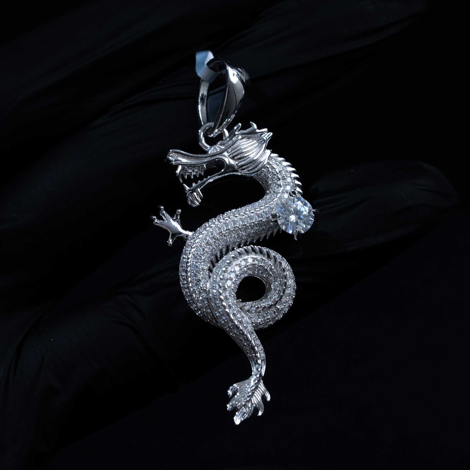 Moissanite dragon pendant iced with 2.29 carats stones in rhodium-plated 925 sterling silver