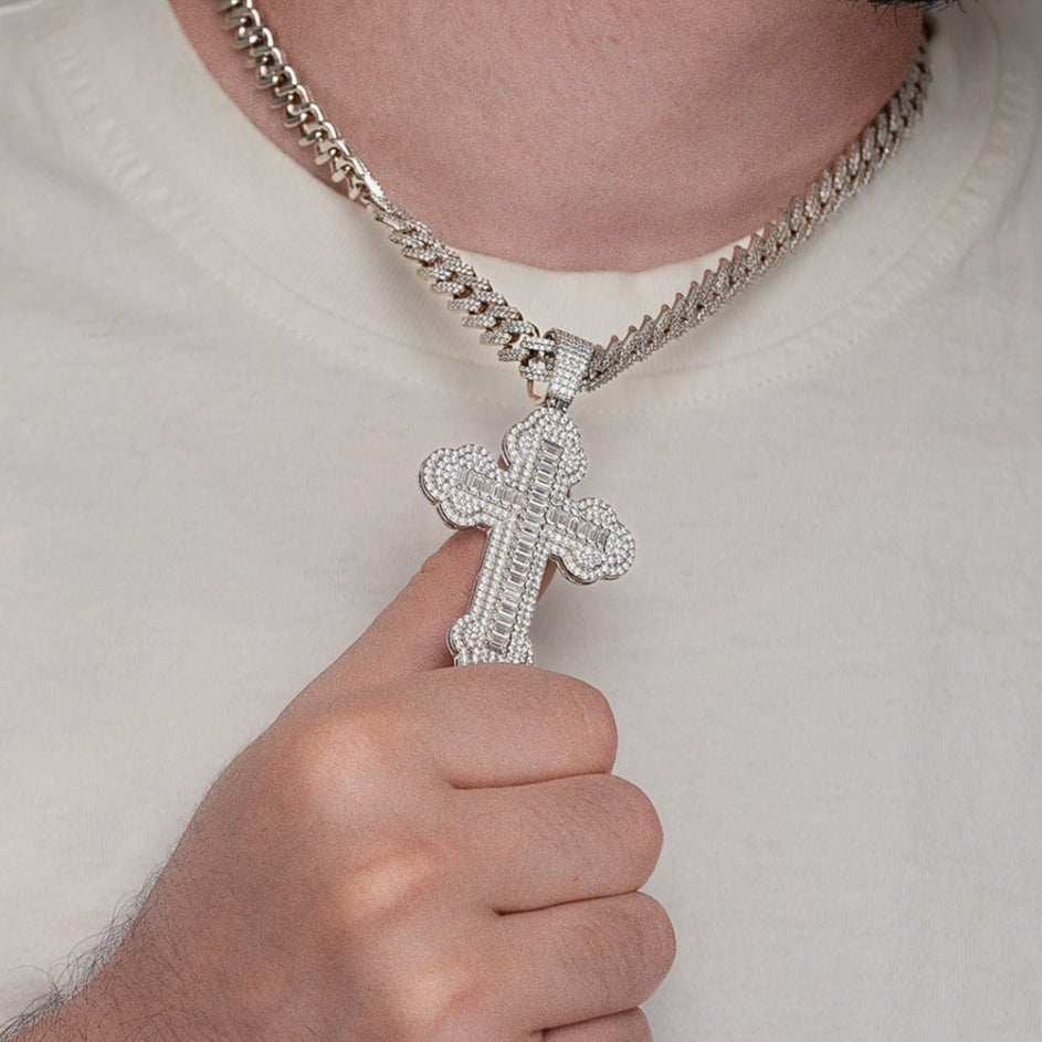 Moissanite Cross Pendant in Orthodox Design with Baguette and Round VVS1 Stones, 925 Sterling Silver