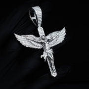 Moissanite Jesus Crucifix Cross Angel Wings Pendant 925 Sterling Silver