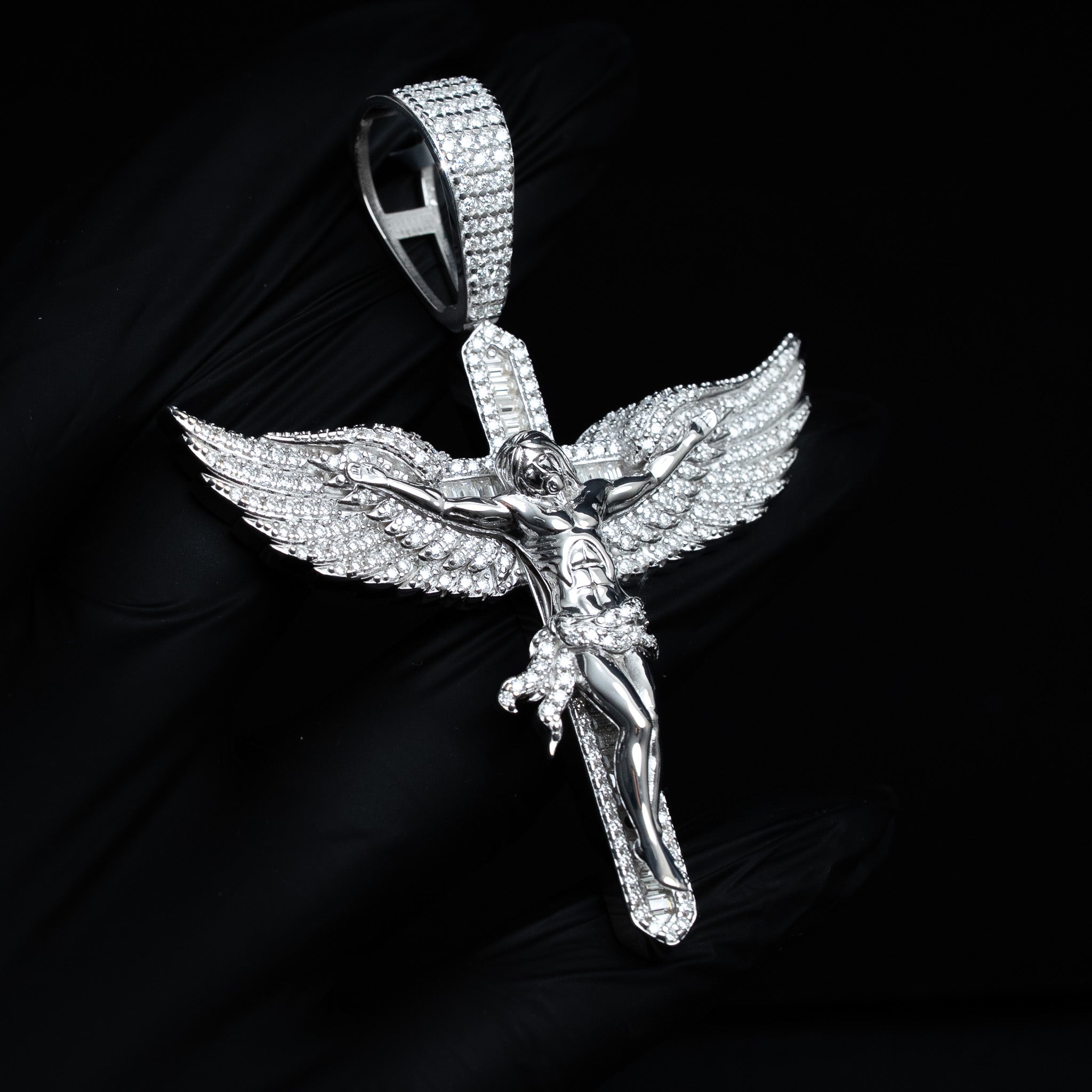 Moissanite Jesus Crucifix Cross Angel Wings Pendant 925 Sterling Silver
