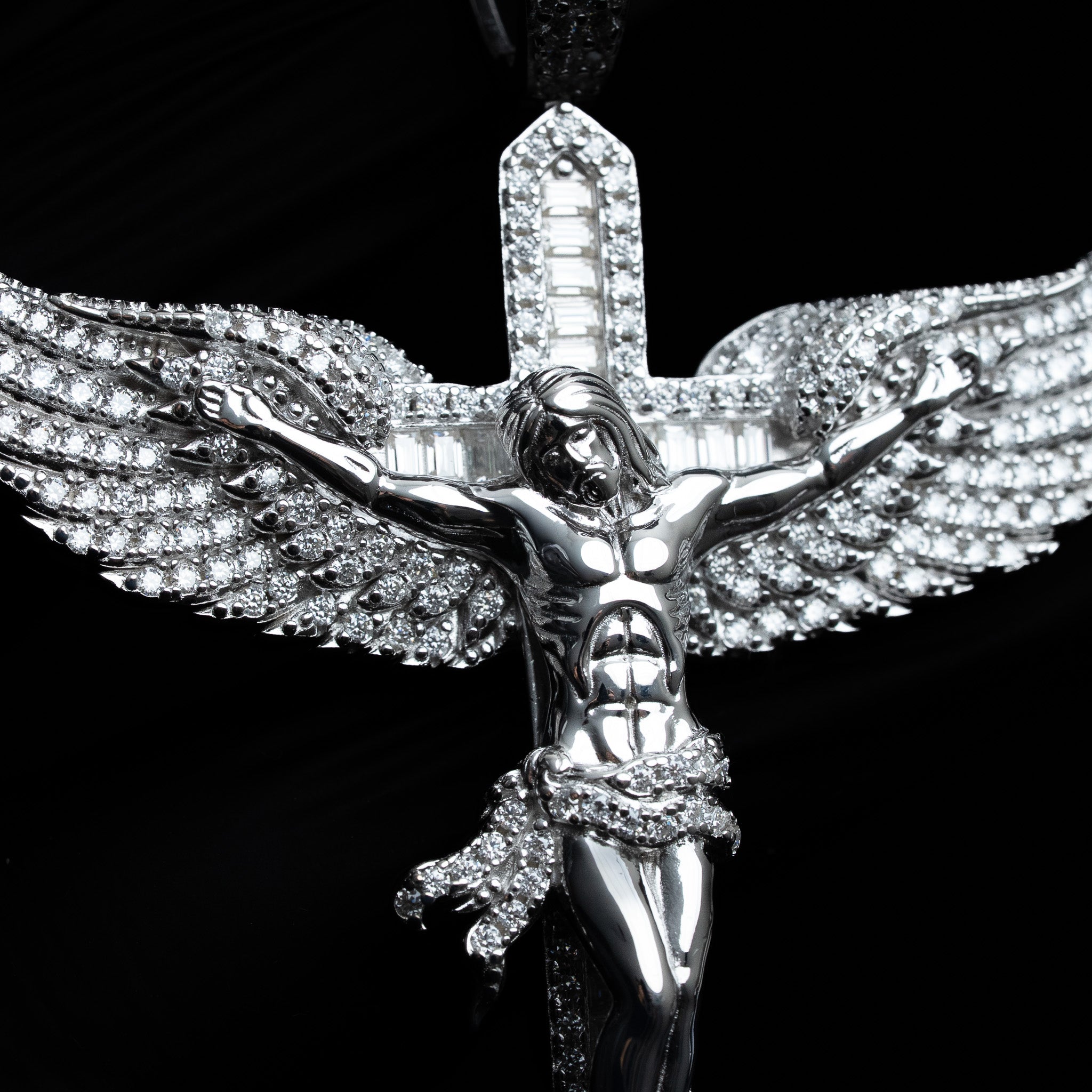 Moissanite Jesus Crucifix Cross Angel Wings Pendant 925 Sterling Silver
