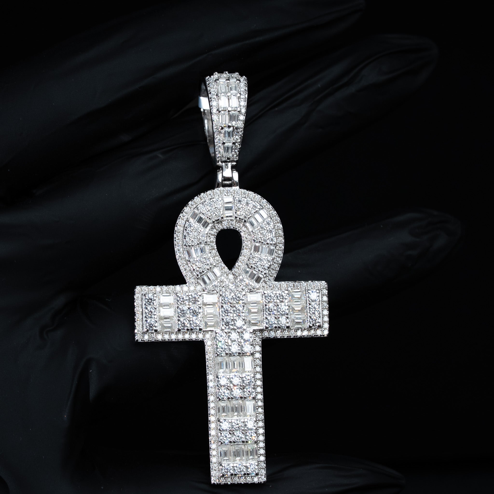 Moissanite Baguette Ankh Cross Pendant 925 Sterling Silver