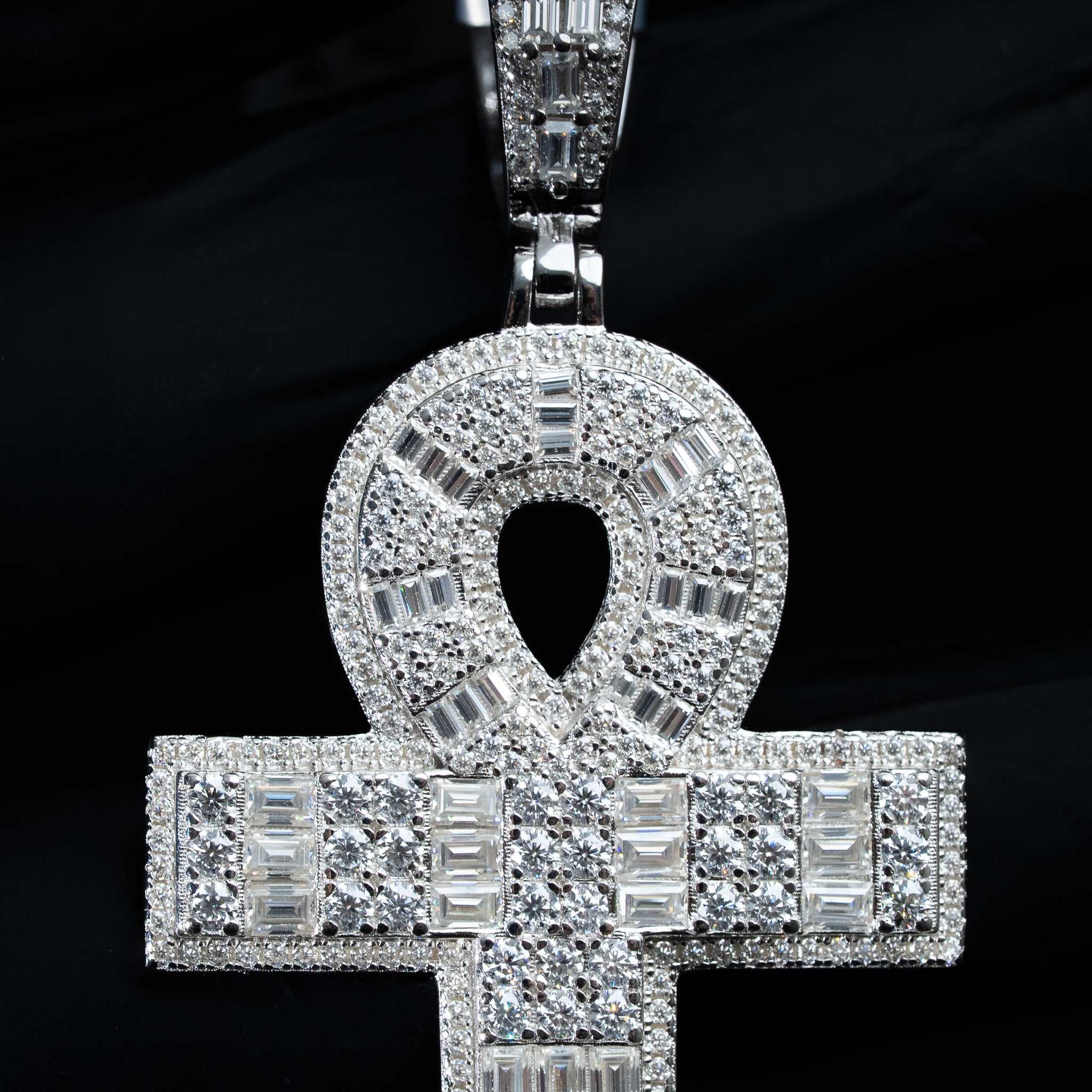Moissanite Baguette Ankh Cross Pendant 925 Sterling Silver