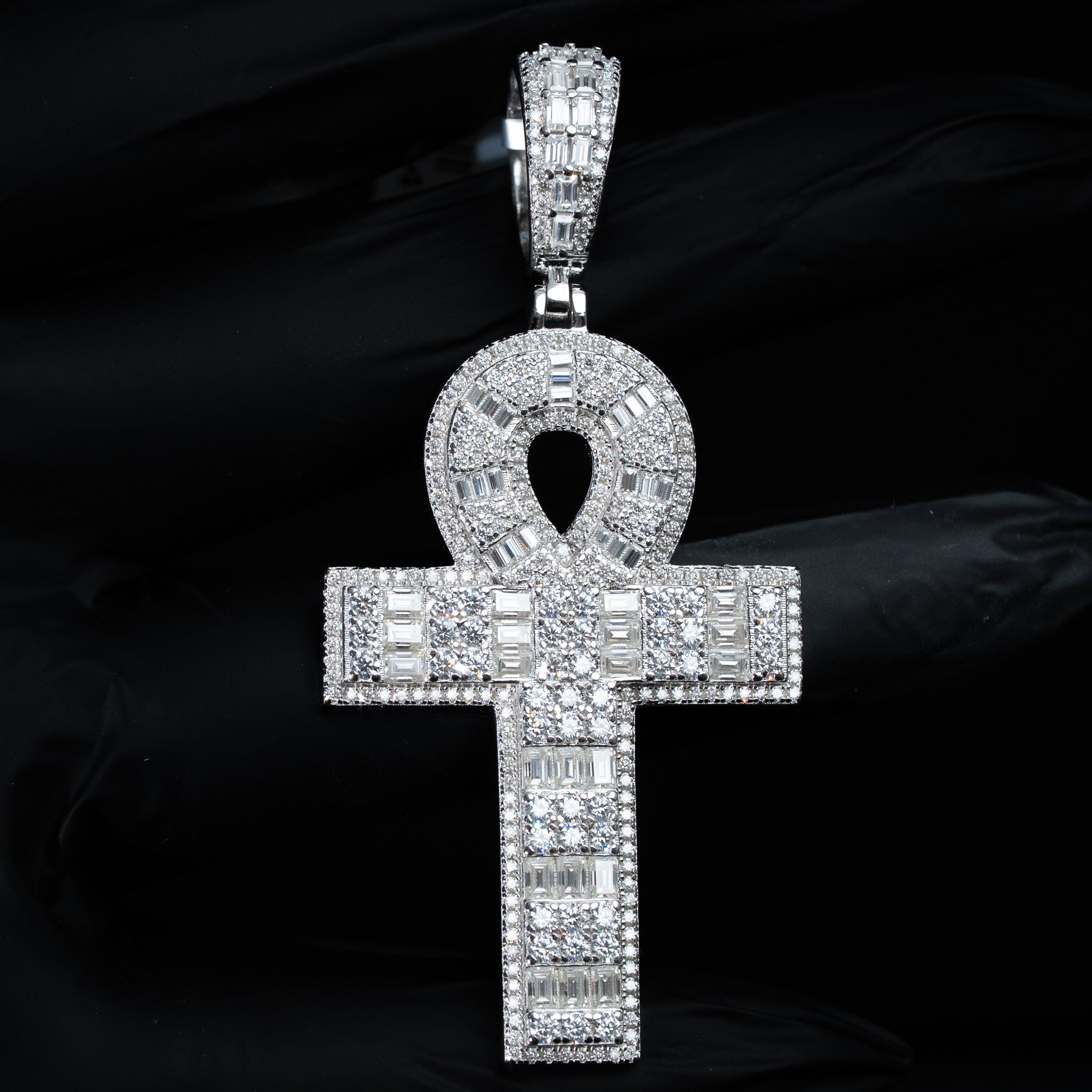 Moissanite Baguette Ankh Cross Pendant 925 Sterling Silver