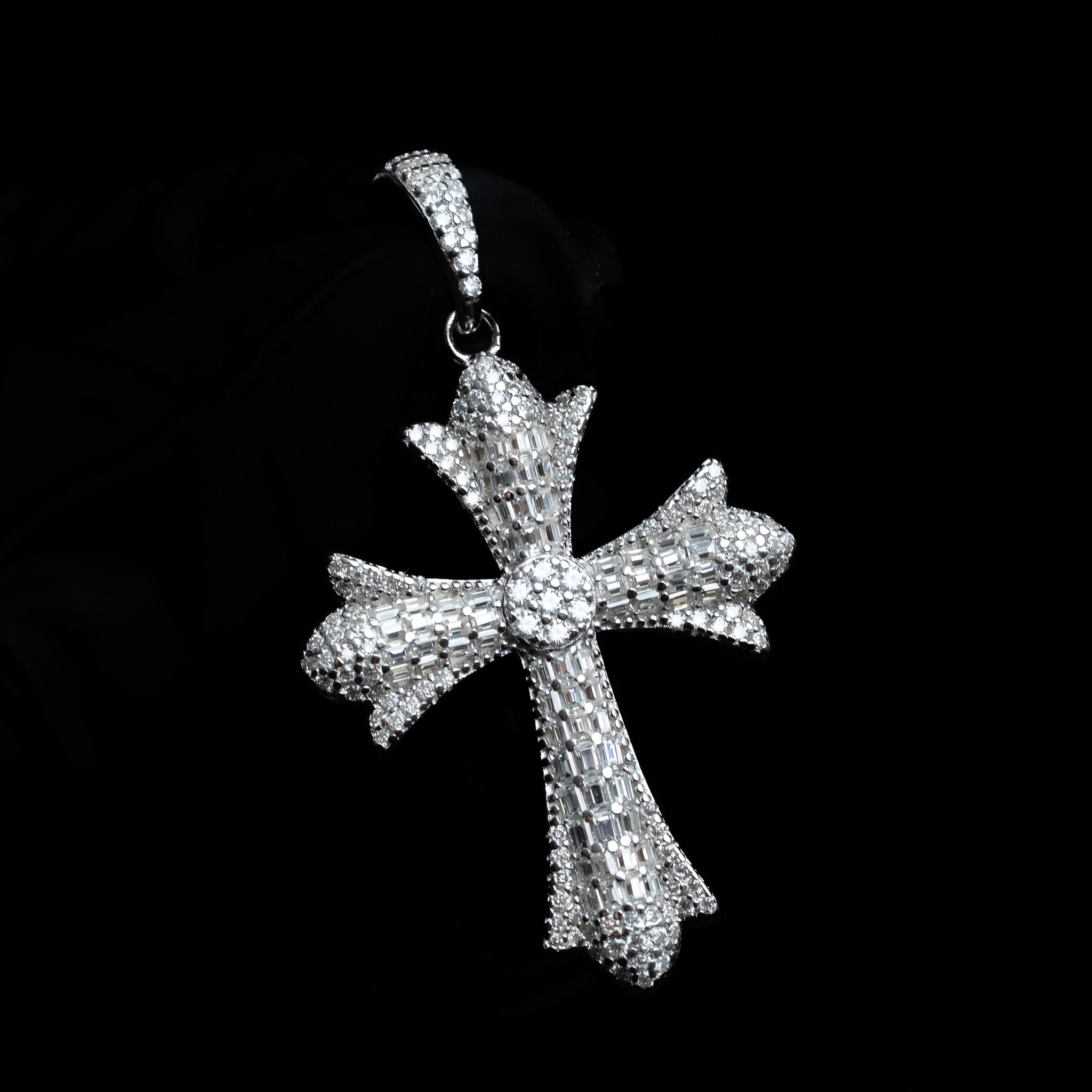 Moissanite Chrome Cross Pendant Baguette Solid 925 Sterling Silver
