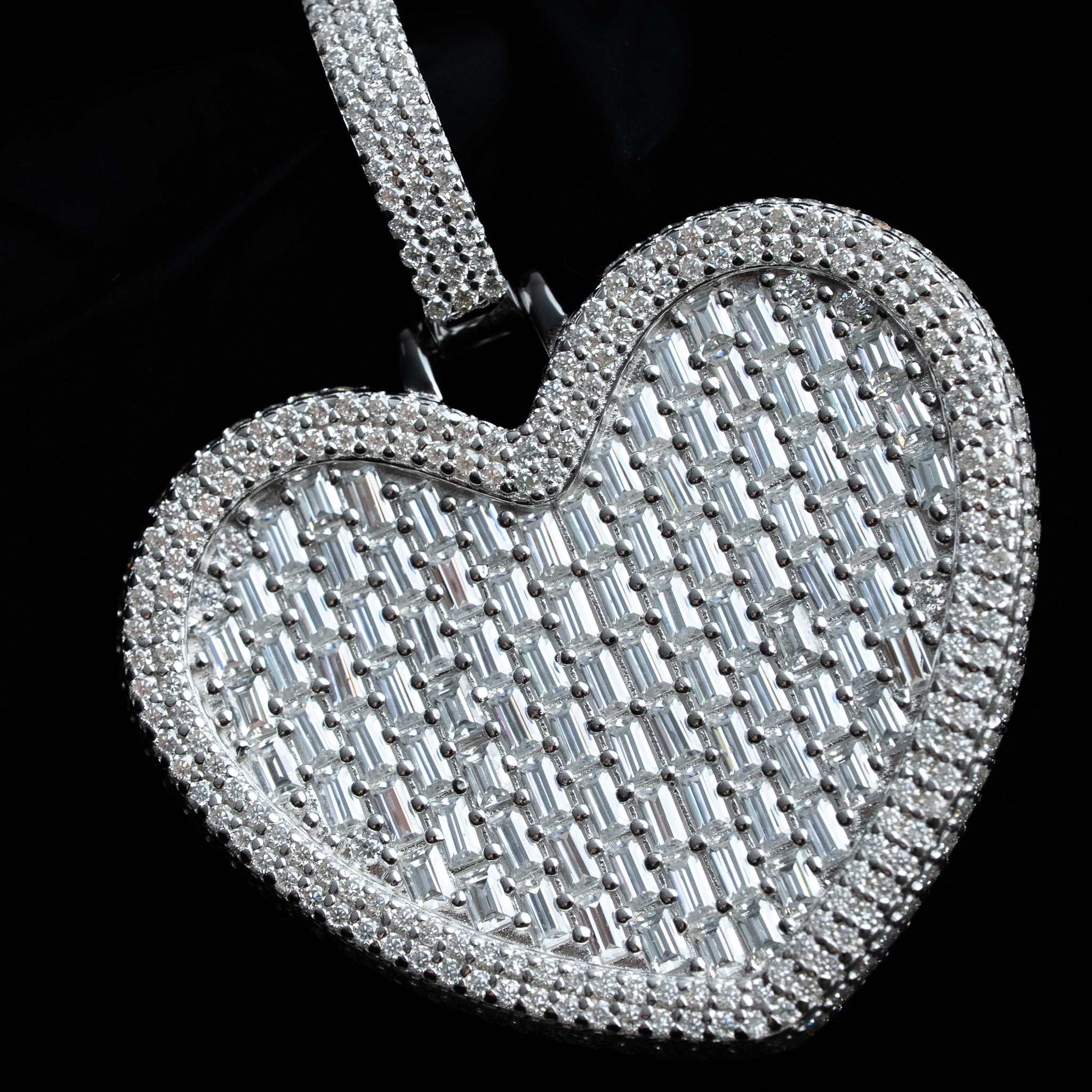 Moissanite Heart Pendant in 925 Sterling Silver with Baguette and Round Stones