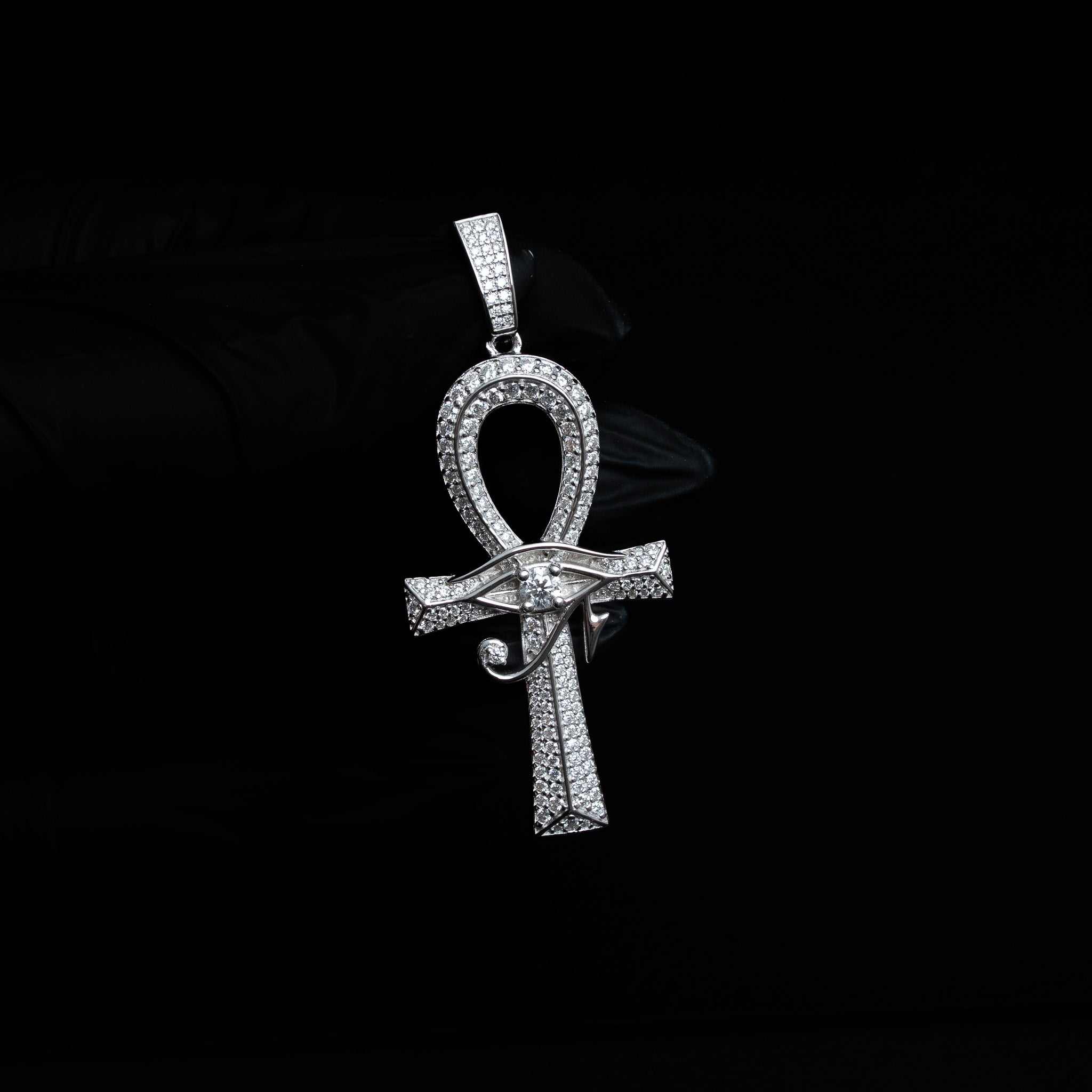 Moissanite Evil Eye Ankh Cross Pendant 925 Sterling Silver – close-up detail