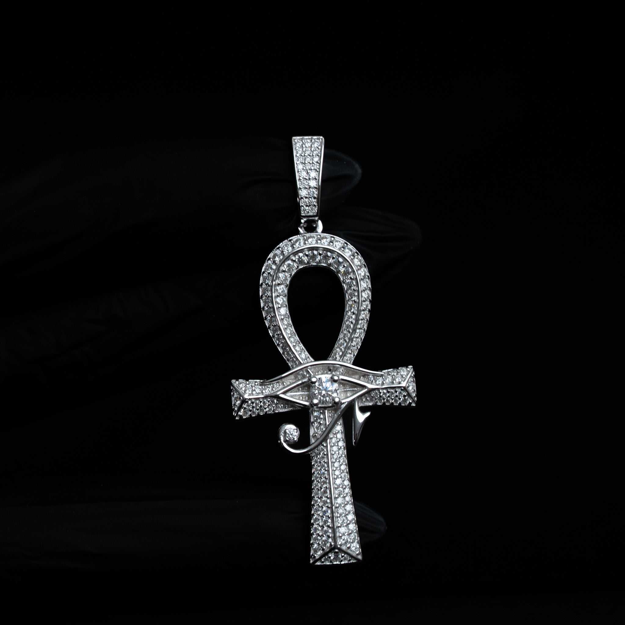 Moissanite Evil Eye Ankh Cross Pendant 925 Sterling Silver – worn styling