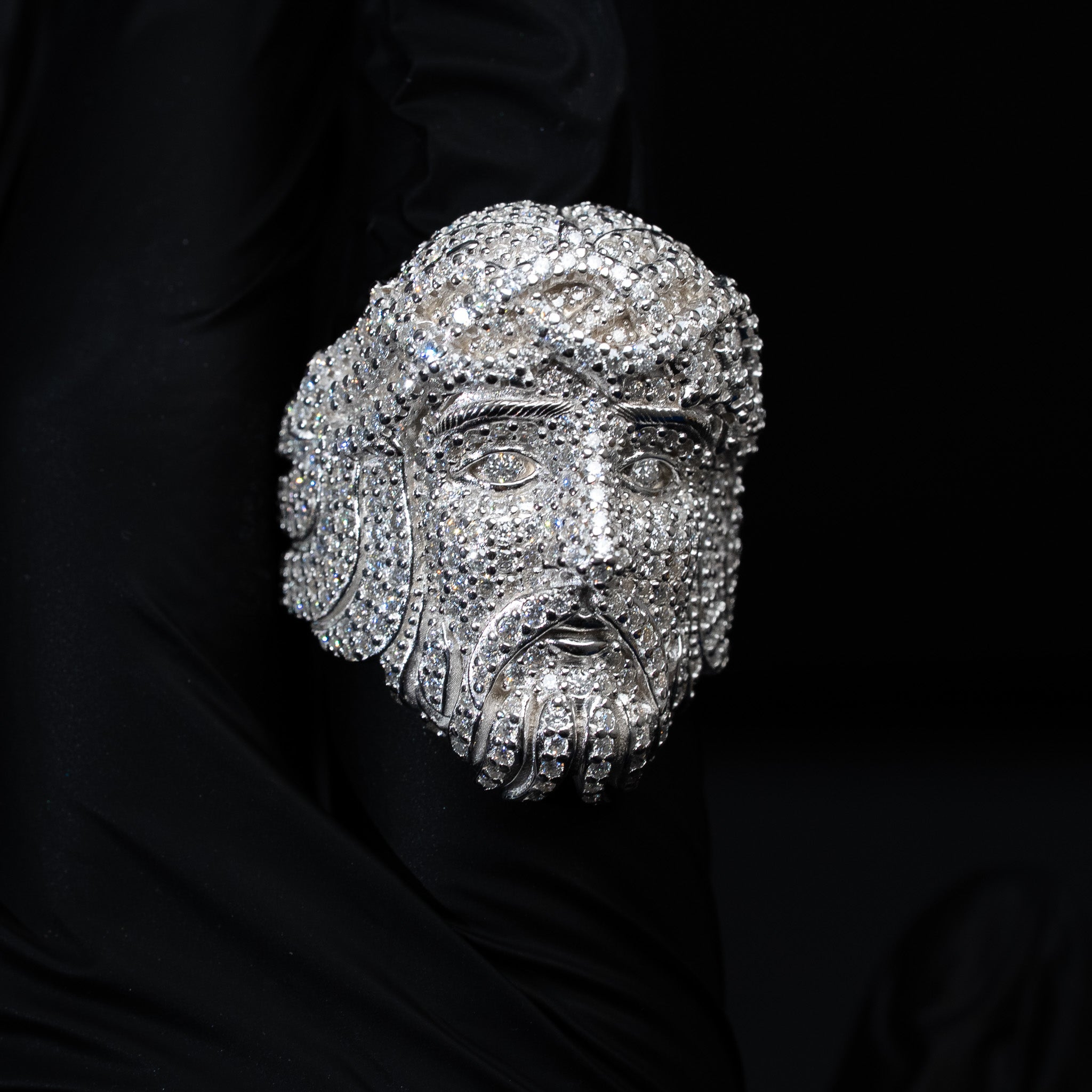 Moissanite Iced Jesus Face Religious Statement Ring 925 Sterling Silver