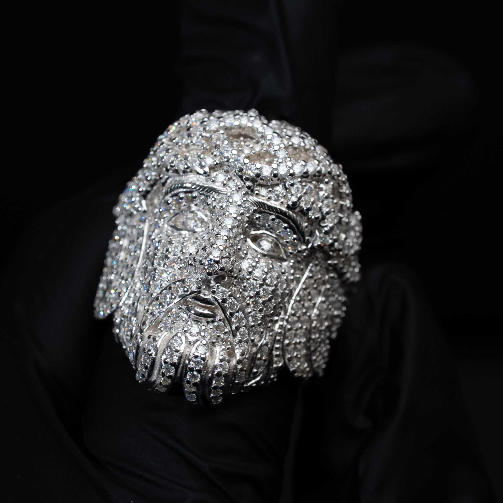 Moissanite Iced Jesus Face Religious Statement Ring 925 Sterling Silver