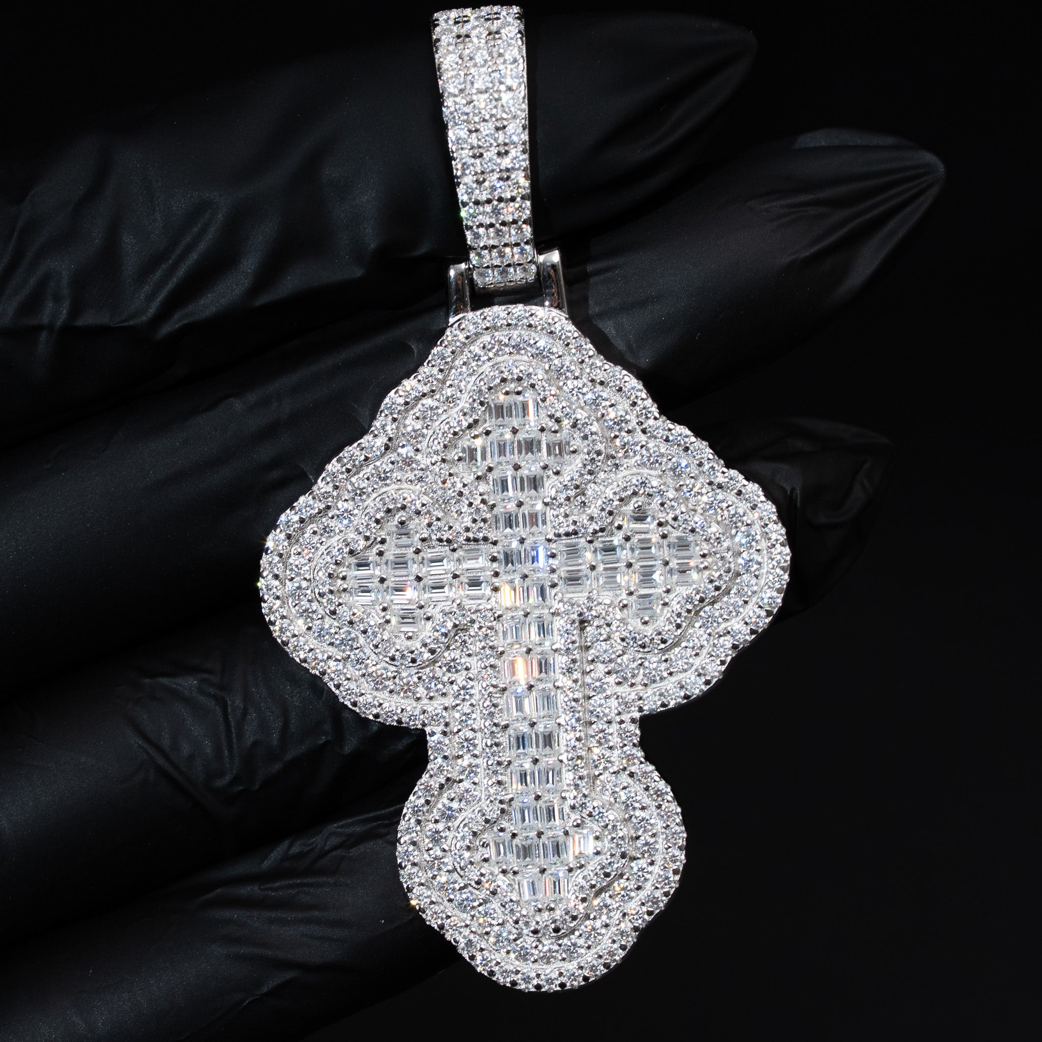 Moissanite Iced Round Baugette Cross Pendant 925 Sterling Silver - 3 sizes