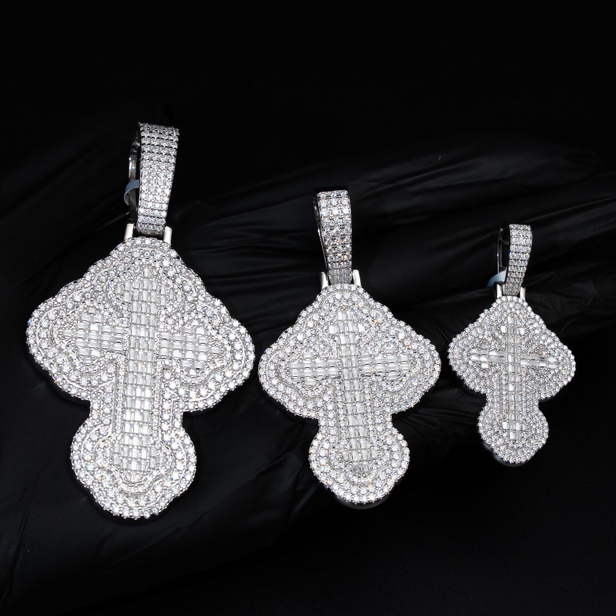 Moissanite Iced Round Baugette Cross Pendant 925 Sterling Silver - 3 sizes