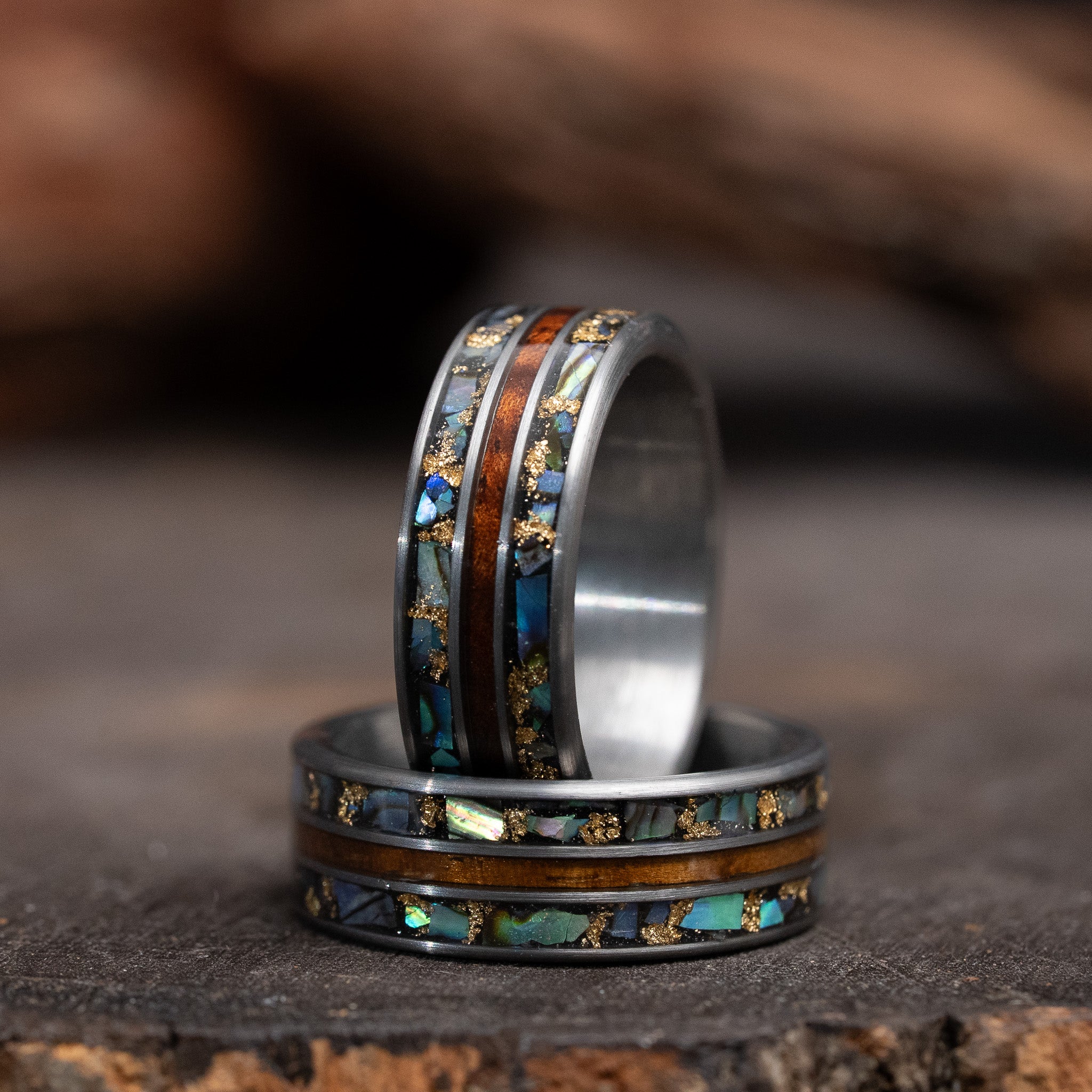 Wood x Abalone Shell x Gold Leaf Solid Tungsten Carbide Ring
