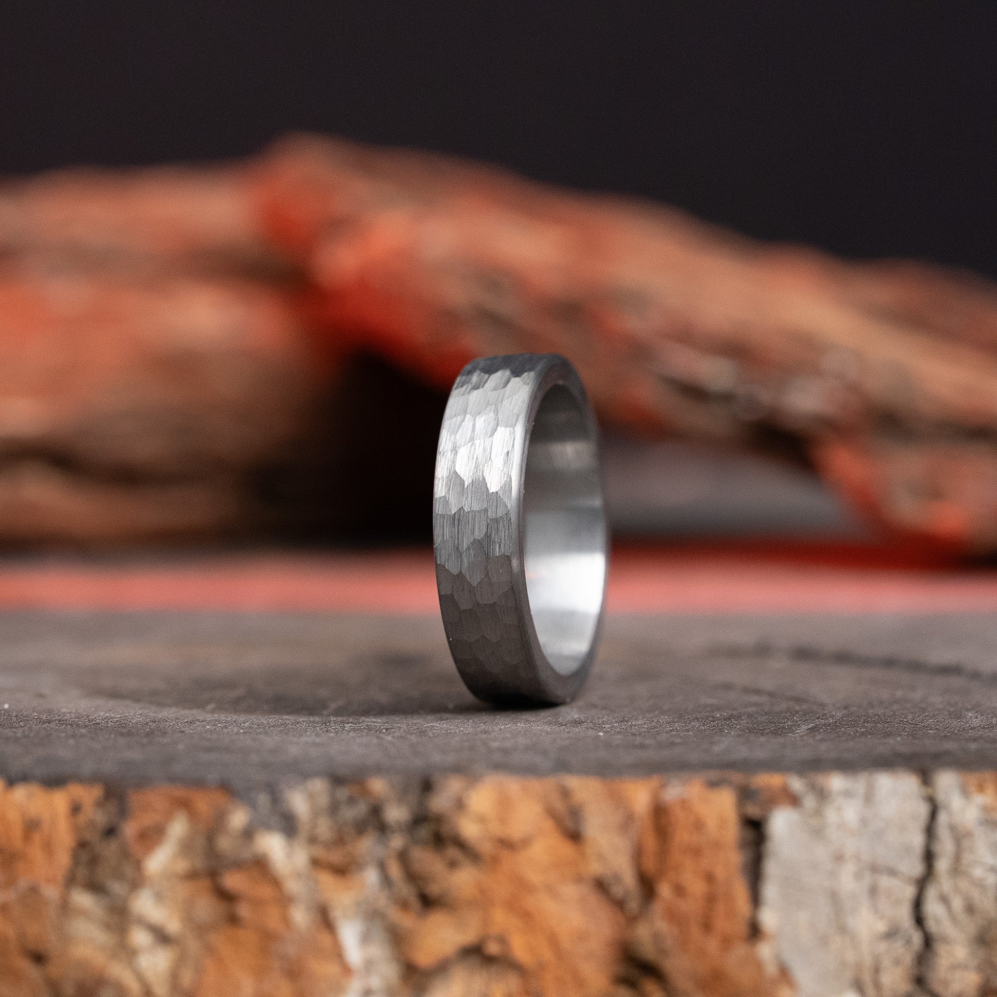 Hammered Flat Solid Tungsten Carbide Ring 6mm