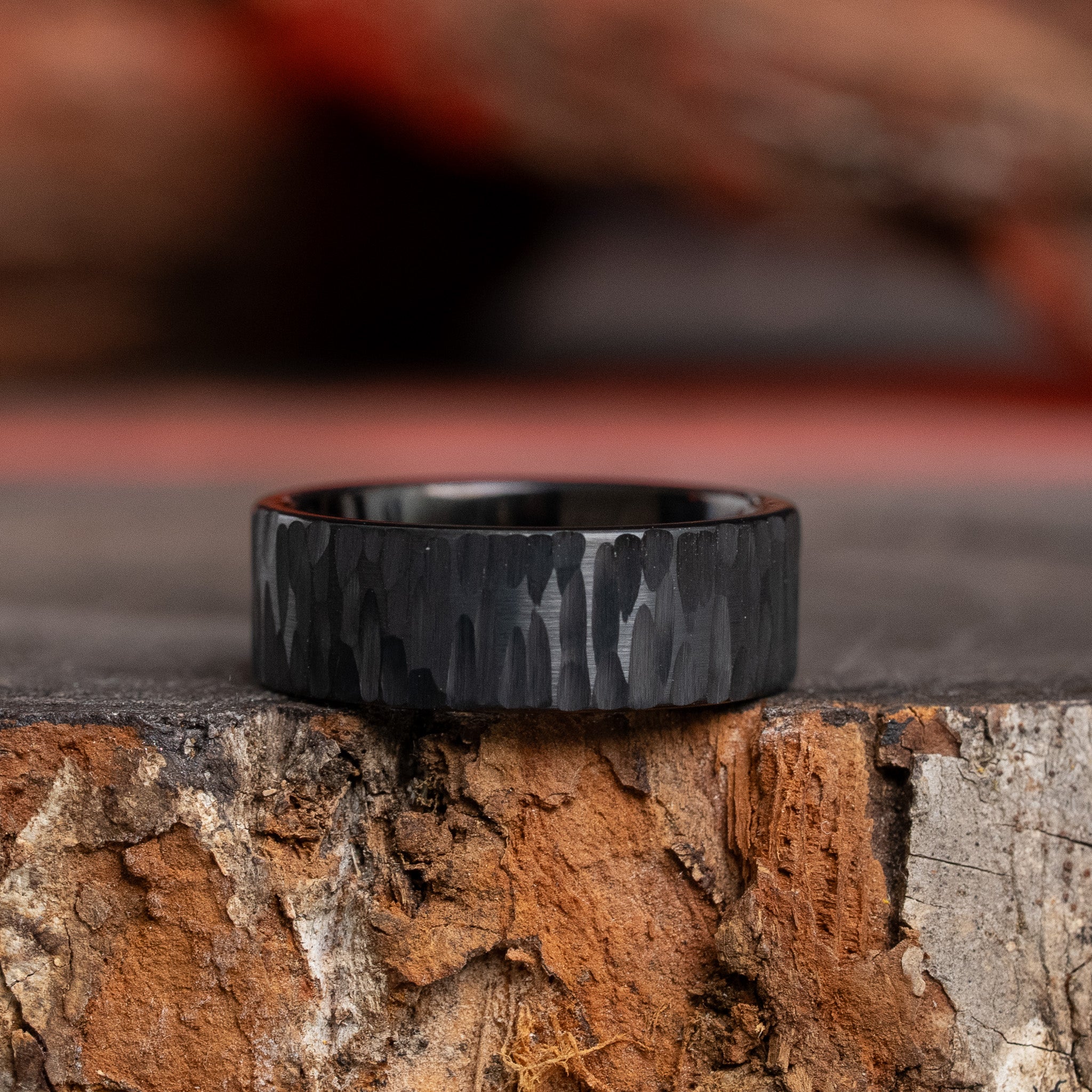 Black Hammered Solid Tungsten Carbide Ring Flat Comfort Fit
