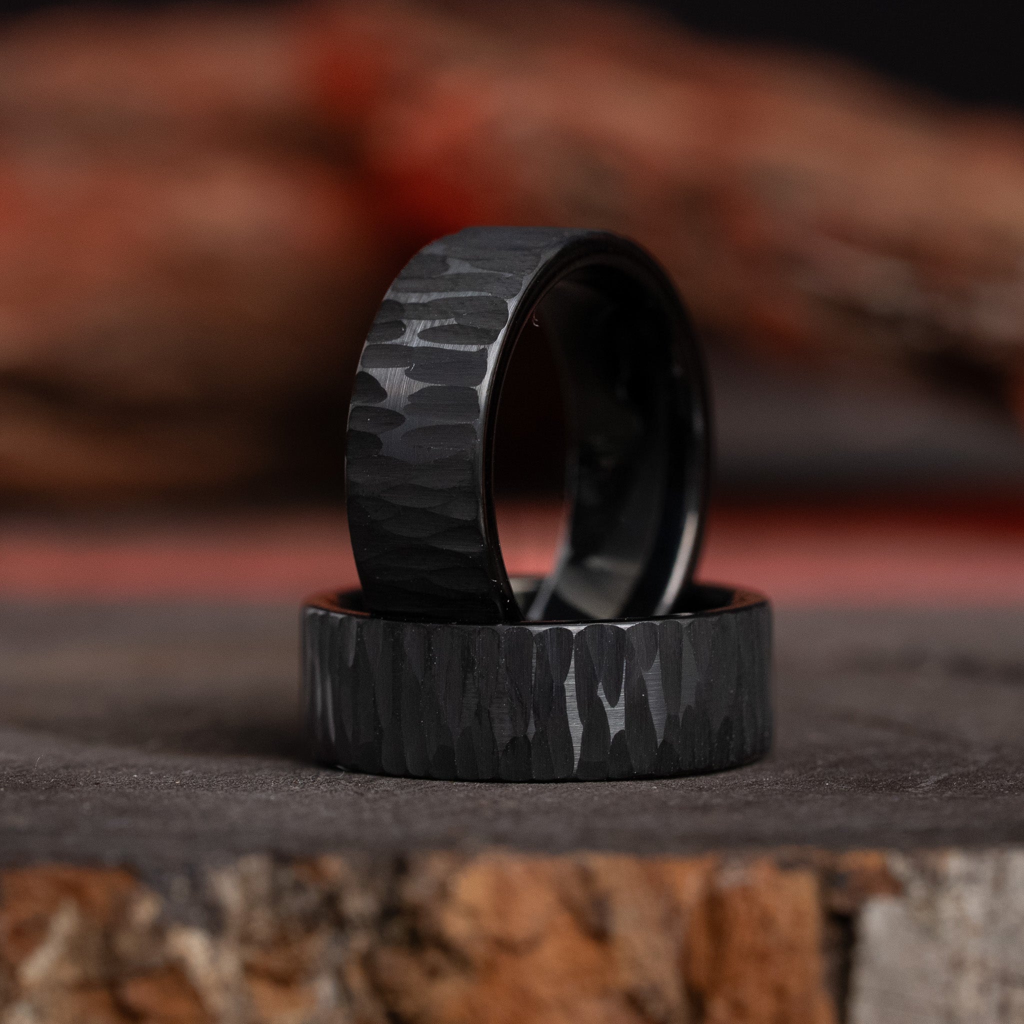 Black Hammered Solid Tungsten Carbide Ring Flat Comfort Fit