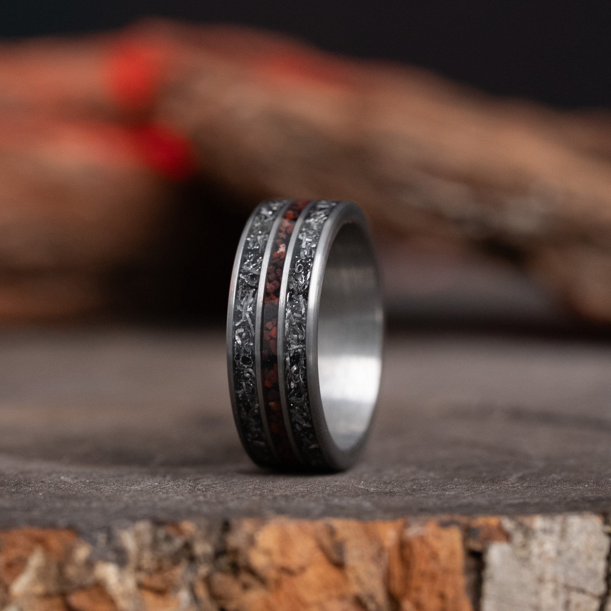 Dinosaur Bone Fossil x Meteorite Solid Tungsten Carbide Ring