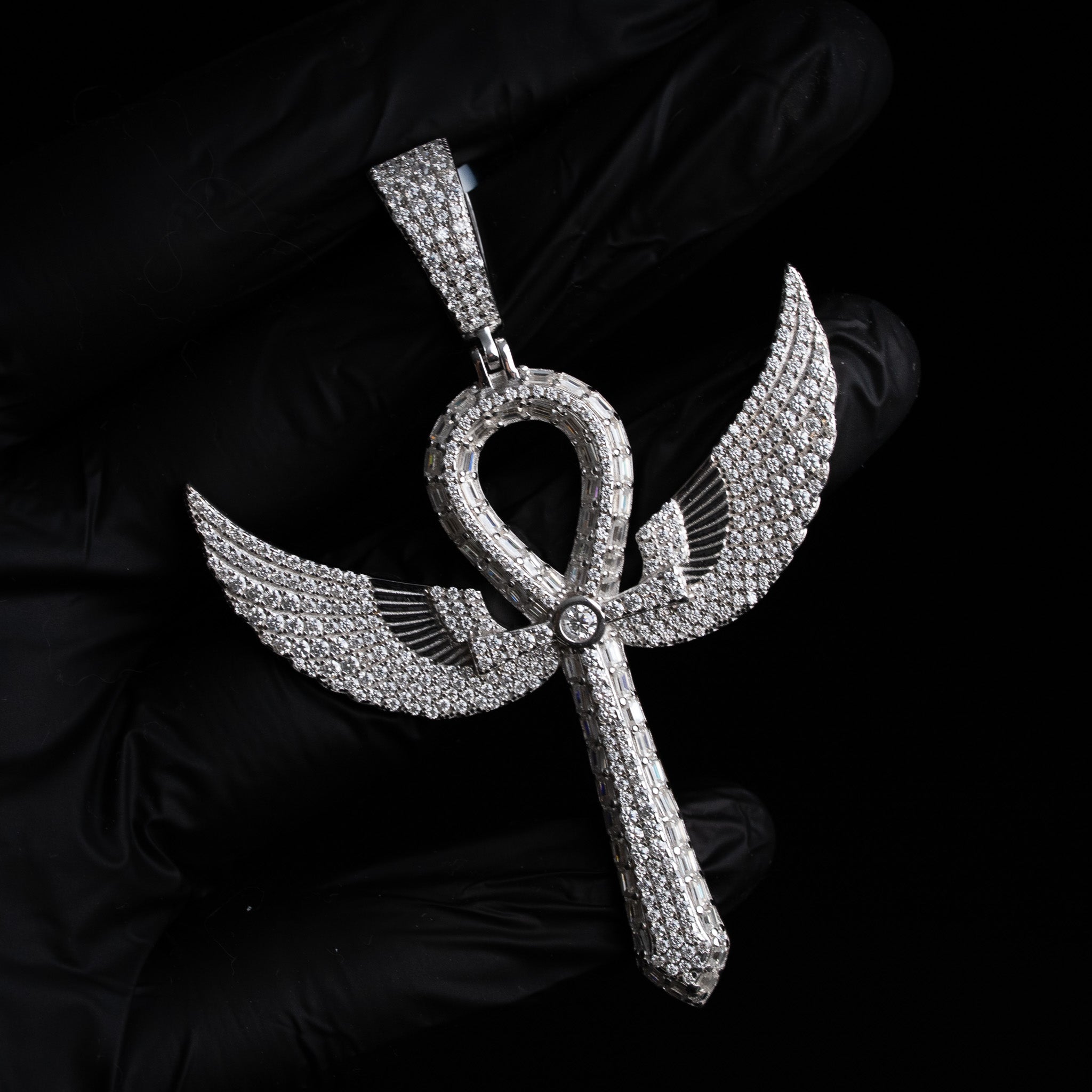 Moissanite Large 3" Ankh Cross w/ Angel Wings 925 Sterling Silver