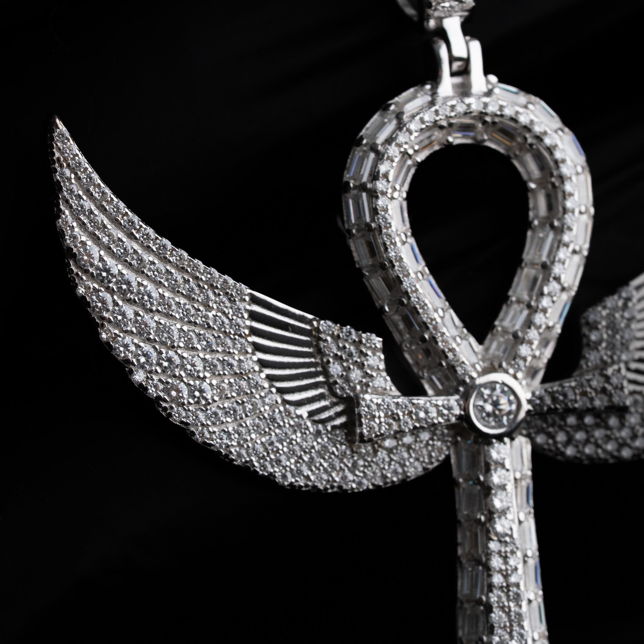 Moissanite Large 3" Ankh Cross w/ Angel Wings 925 Sterling Silver