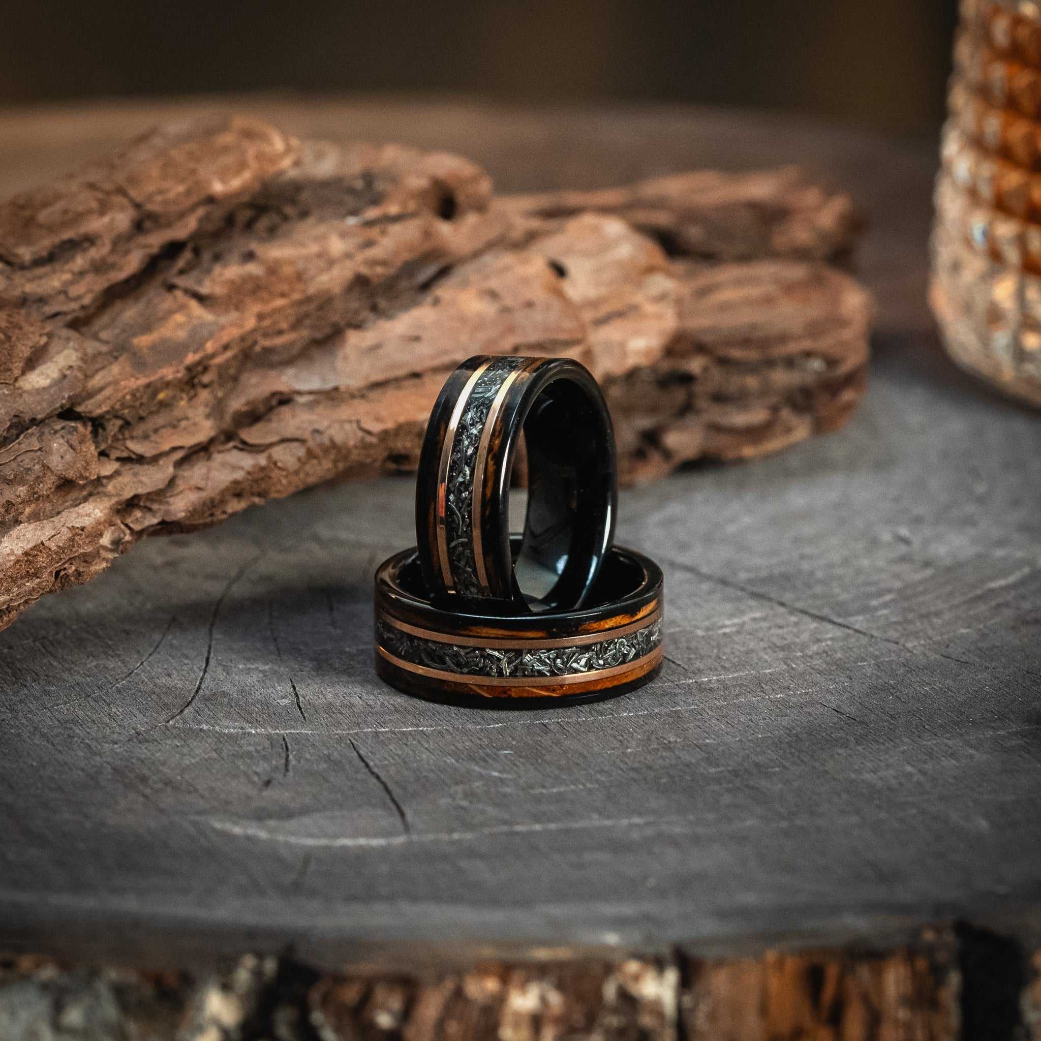 Meteorite x Burnt Whiskey Barrel Black Tungsten Ring with Meteorite and Wood Inlay