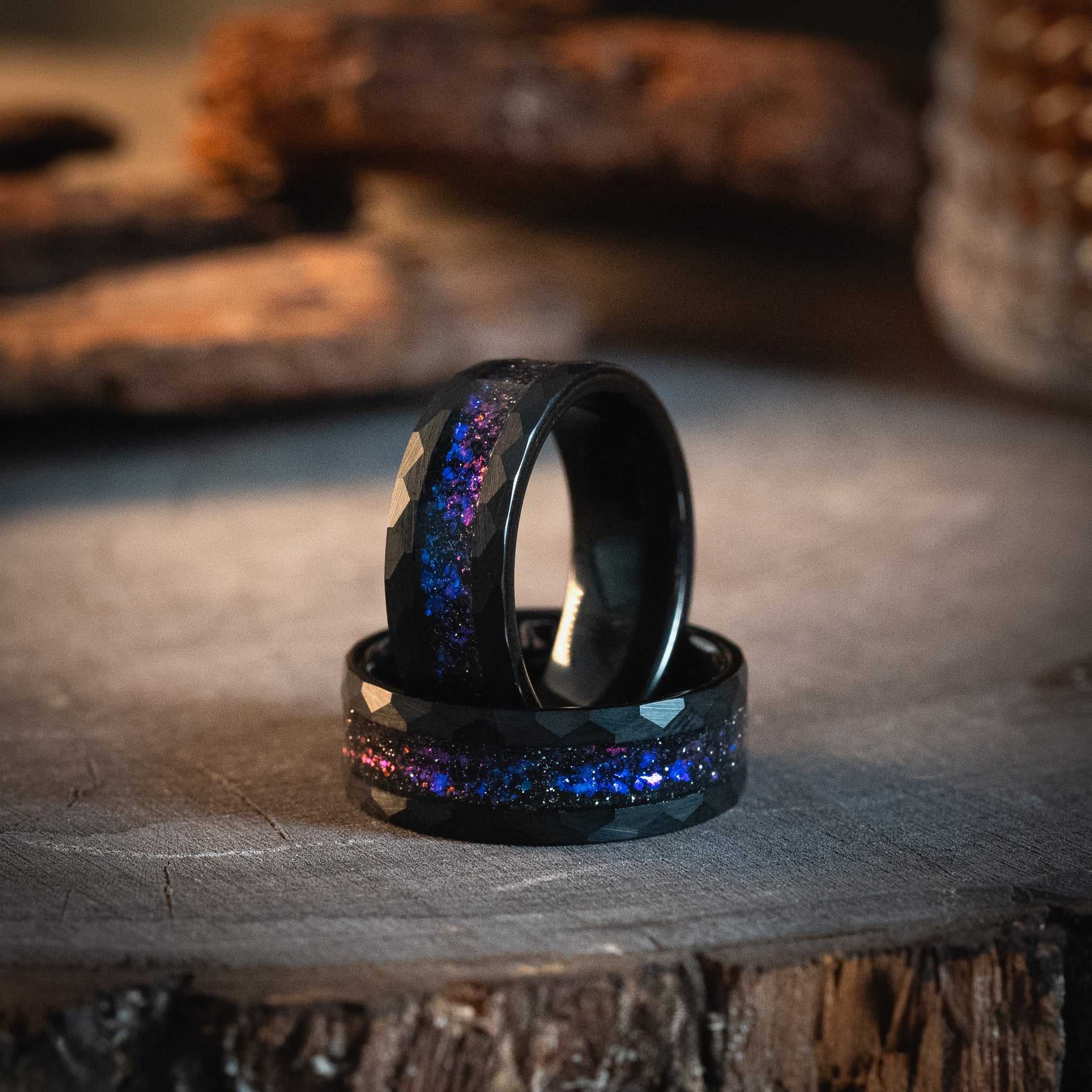 Black hammered nebula meteorite and galaxy blue sandstone ring, 8mm, tungsten carbide.