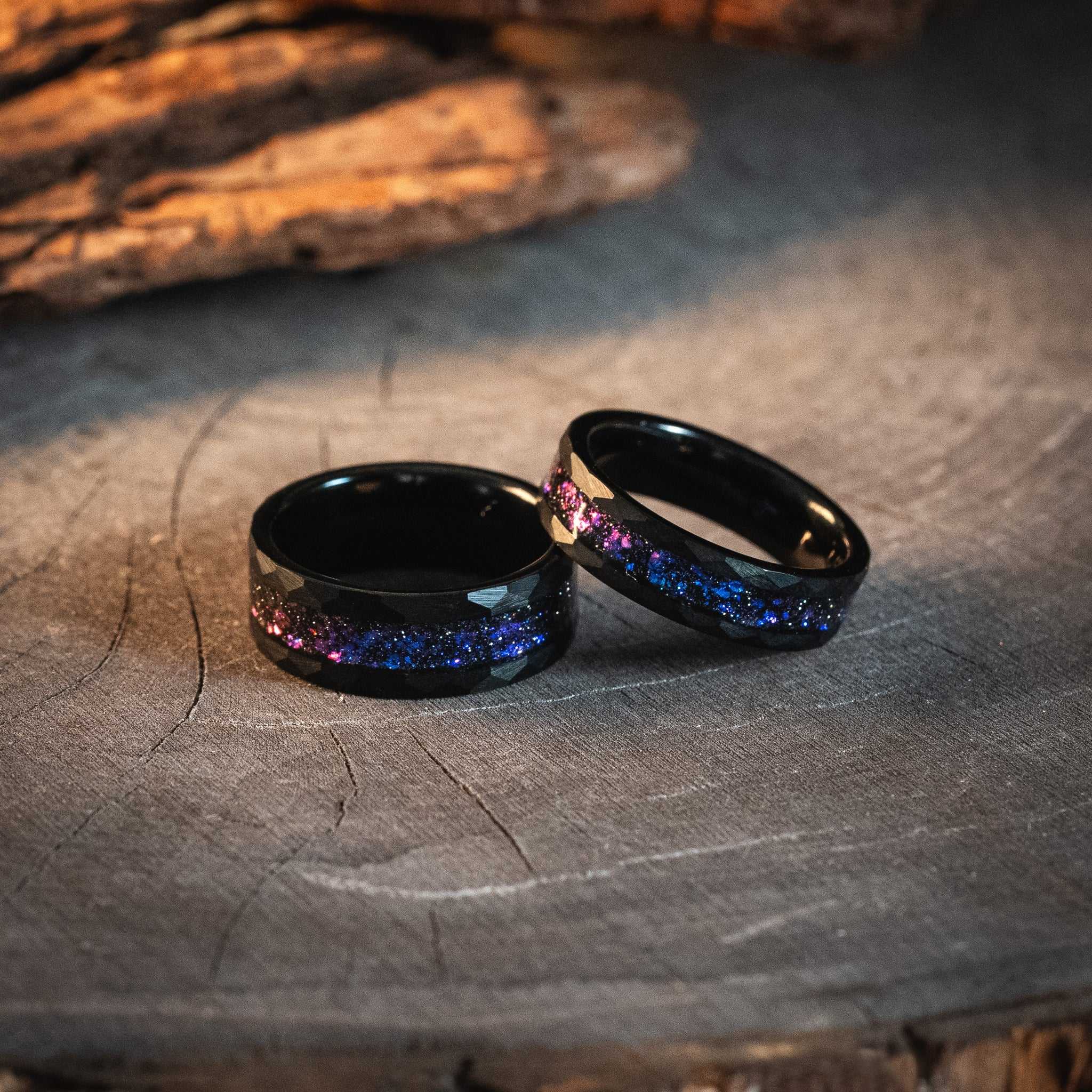 Couple rings featuring nebula meteorite and galaxy blue sandstone design.