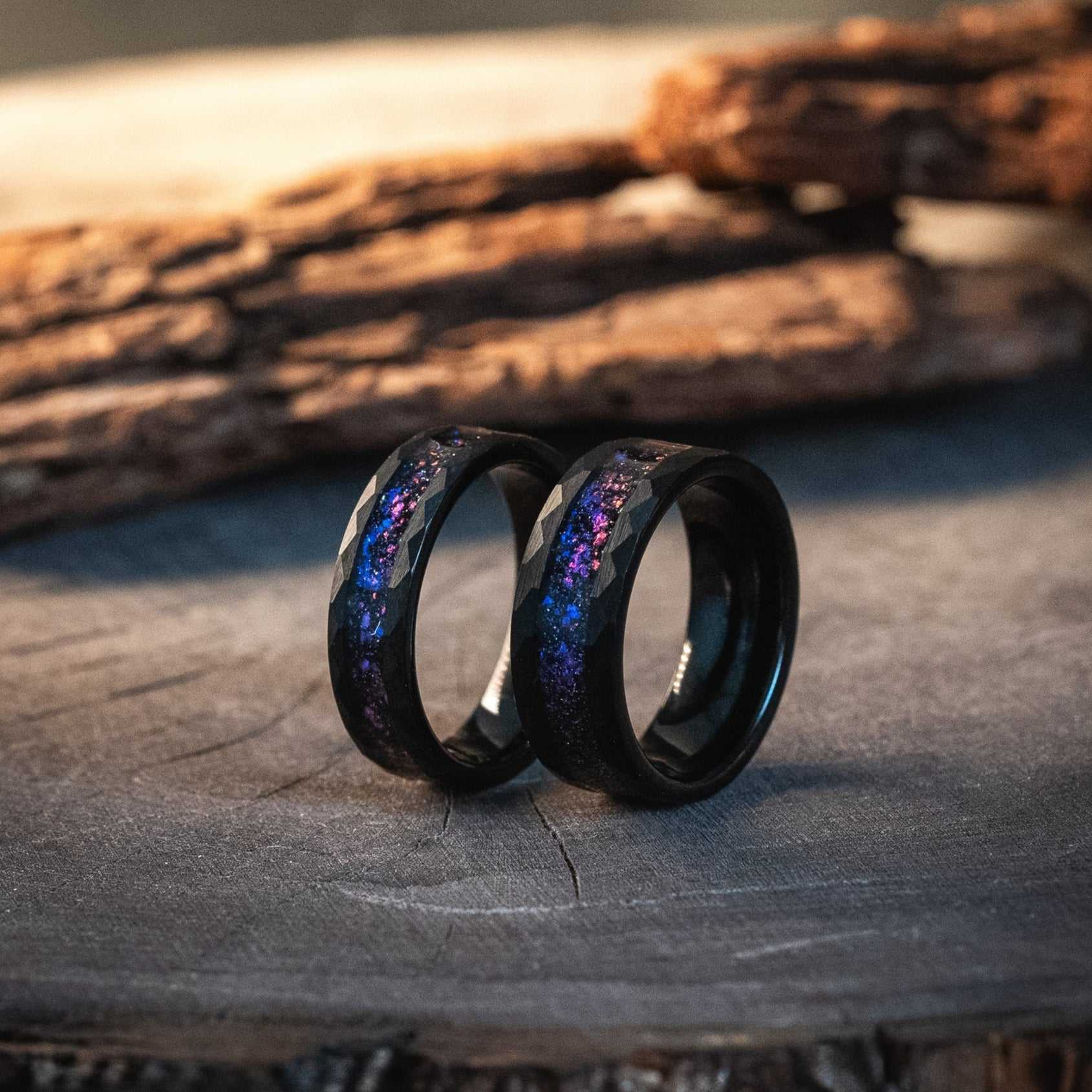Couple rings with nebula meteorite and galaxy blue sandstone design, 6mm/8mm.