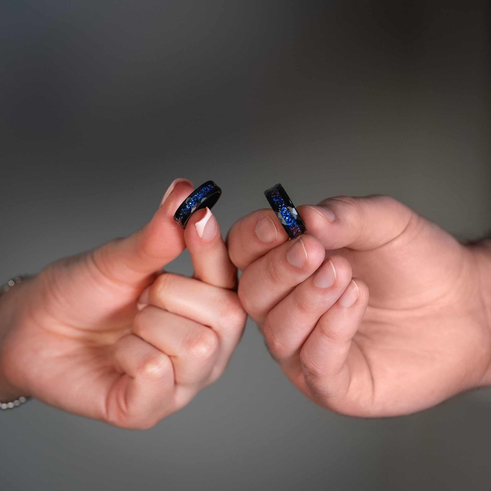 Couple rings with nebula meteorite and galaxy blue sandstone design.