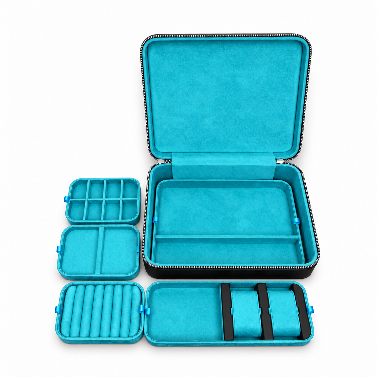 MORF Travel Jewelry Case — Black with Teal Blue Suede Interior