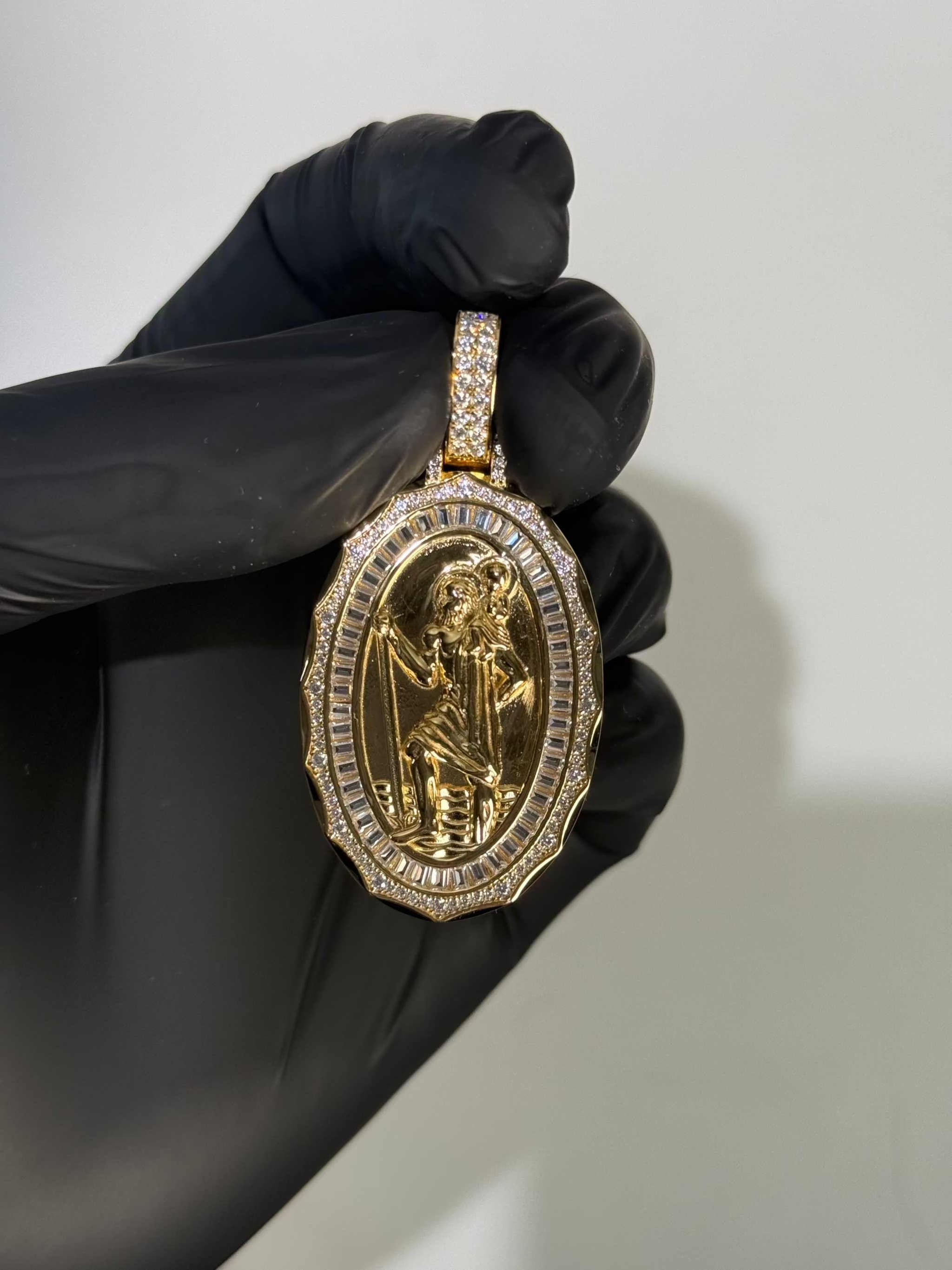 Solid 925 Sterling Silver St Christopher Medallion Pendant Baguette CZ 14K Gold Plated