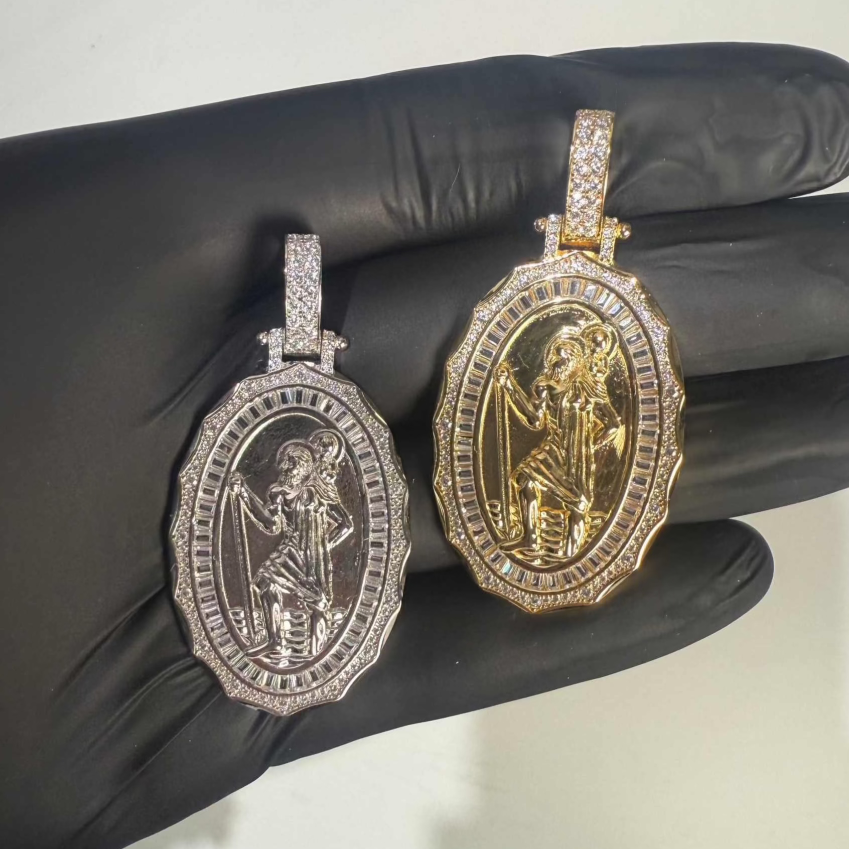 Solid 925 Sterling Silver St Christopher Medallion Pendant Baguette CZ 14K Gold Plated