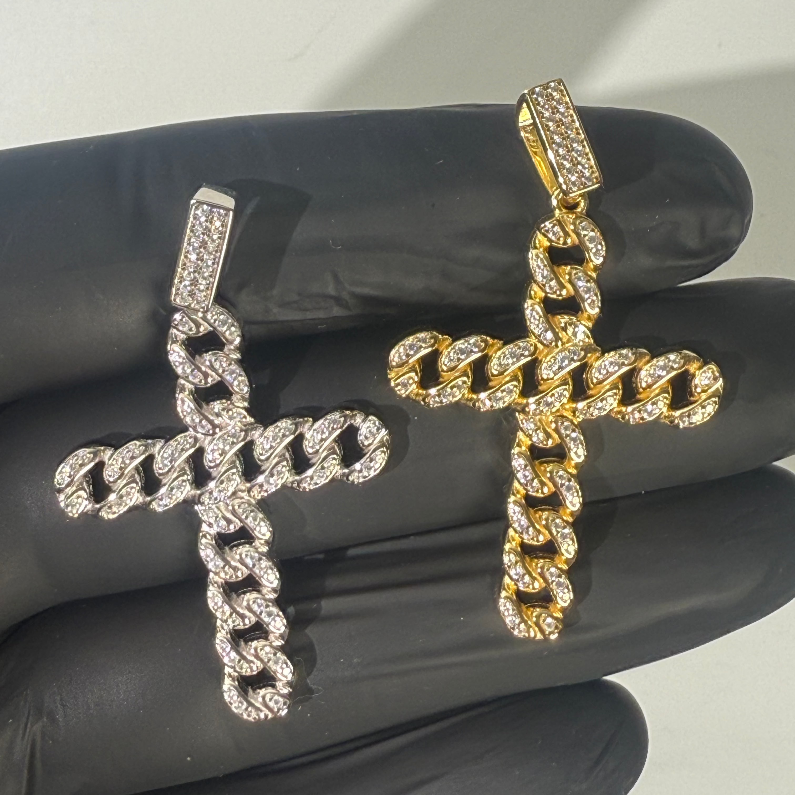 925 Sterling Silver / 14K Gold Plated Cuban Link Cross Pendant Necklace