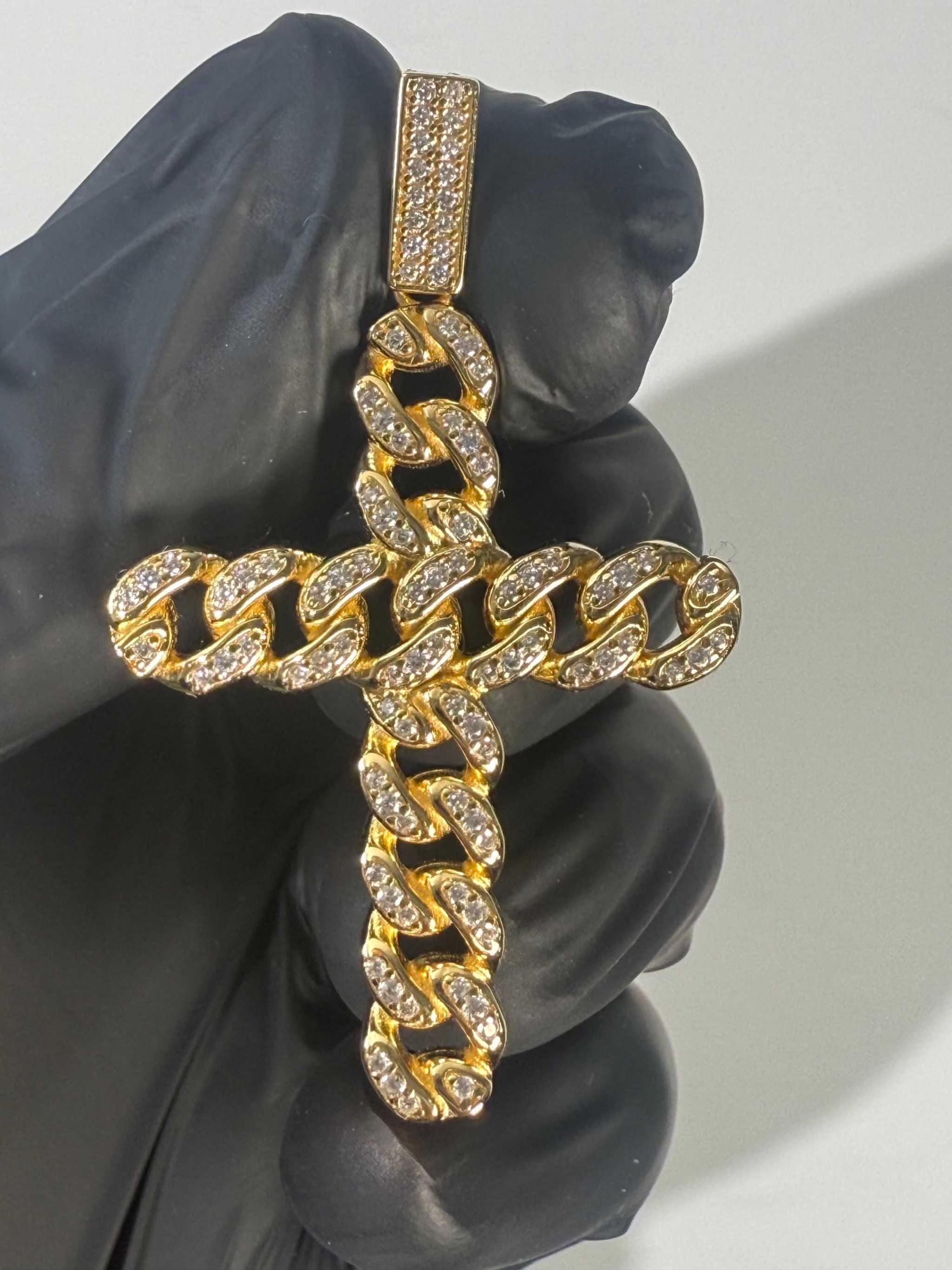 925 Sterling Silver / 14K Gold Plated Cuban Link Cross Pendant Necklace
