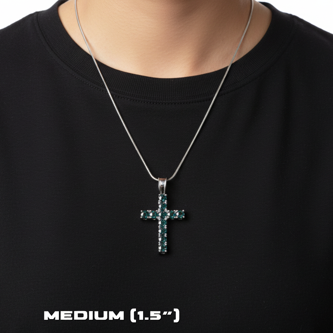 Moissanite Tennis Cross Pendant Mystic Green in 925 Sterling Silver