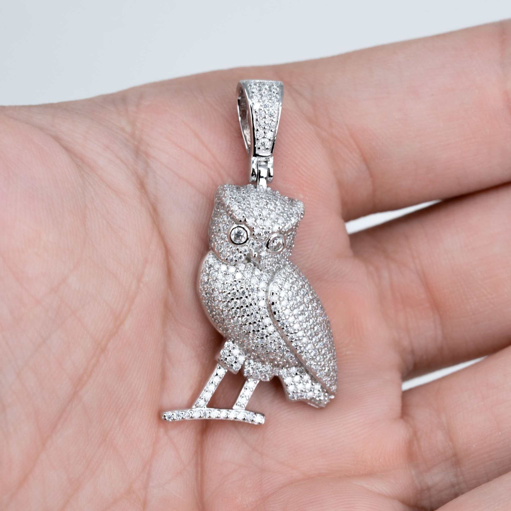 2ct Moissanite Owl Pendant in sterling silver with pavé setting.
