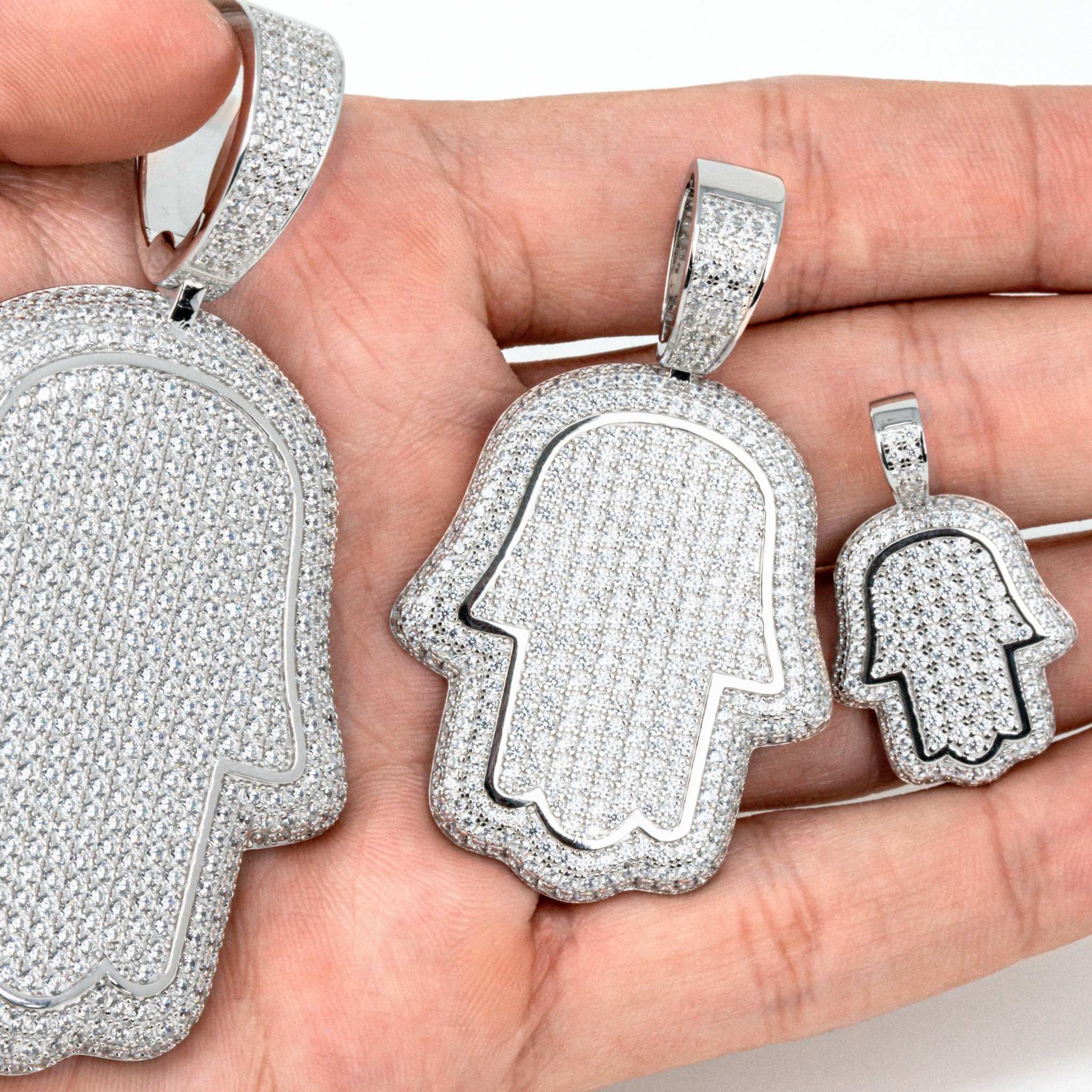 Hand of God Hamsa Pendant in 925 sterling silver with pavé CZ stones.