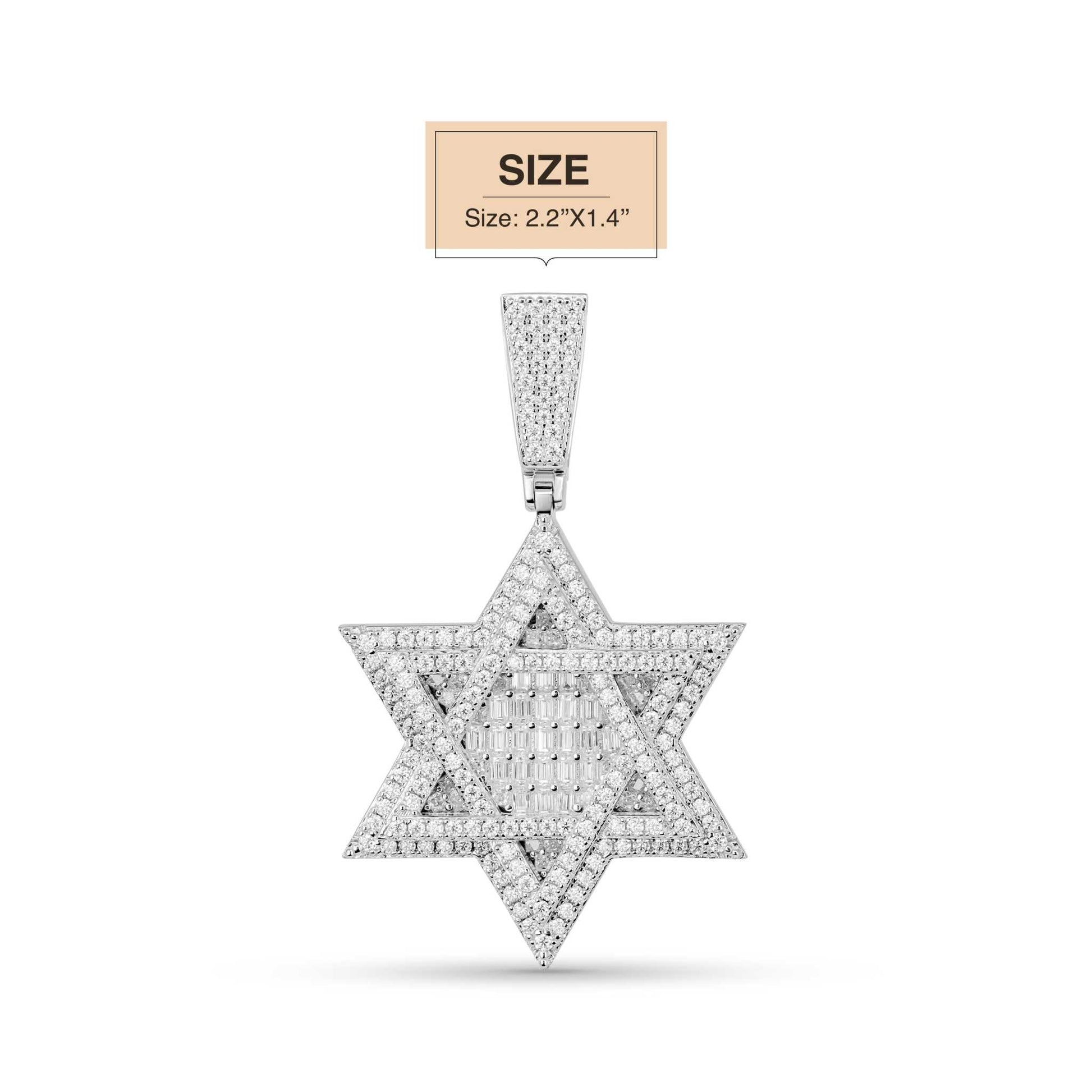 Moissanite Star of David Pendant in 925 Sterling Silver, hip hop style, measuring 2.2 inches.