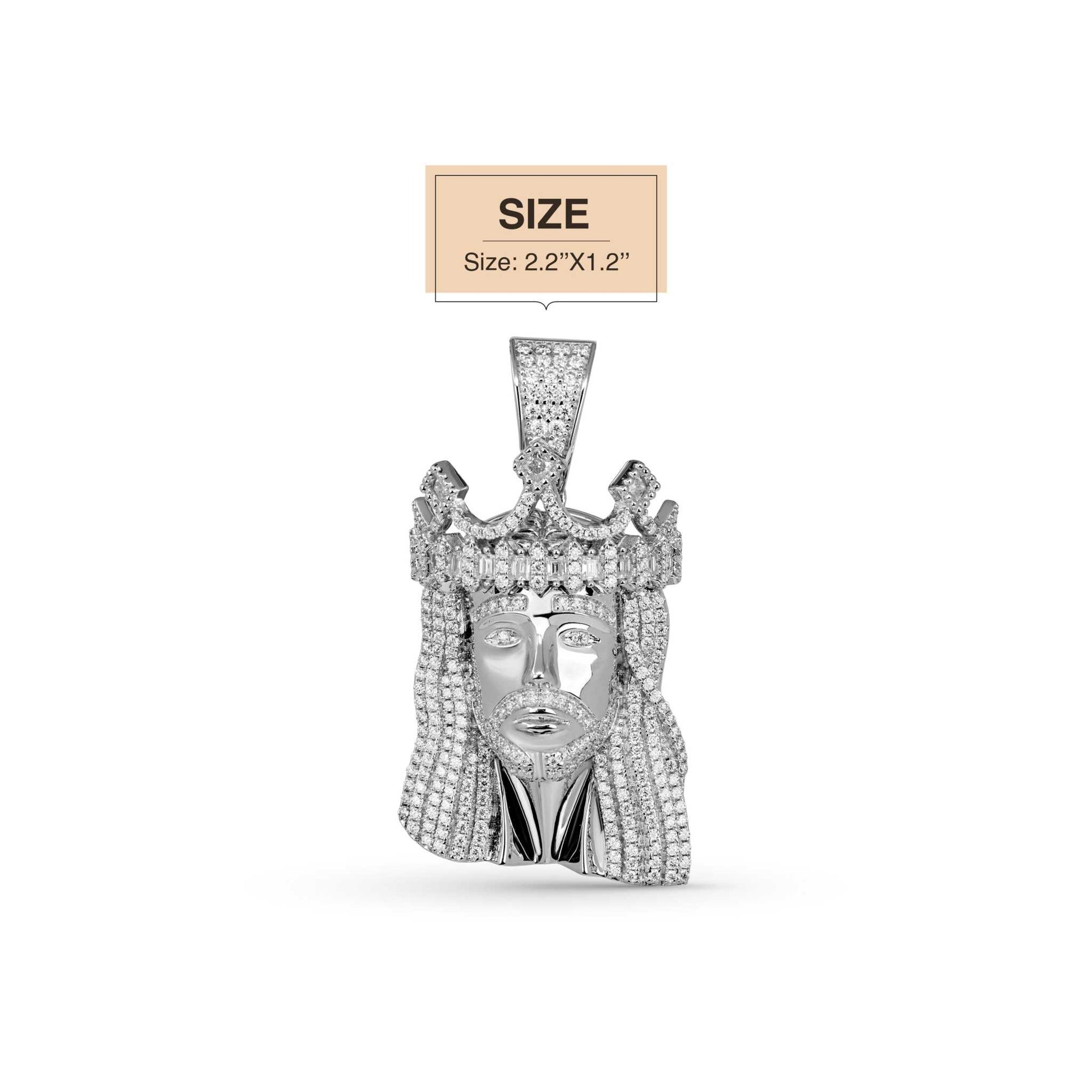 Moissanite Iced King Crown Jesus Head Pendant in 925 Sterling Silver, 2.2x1.2 inches, with VVS1 D-grade Moissanite stones.