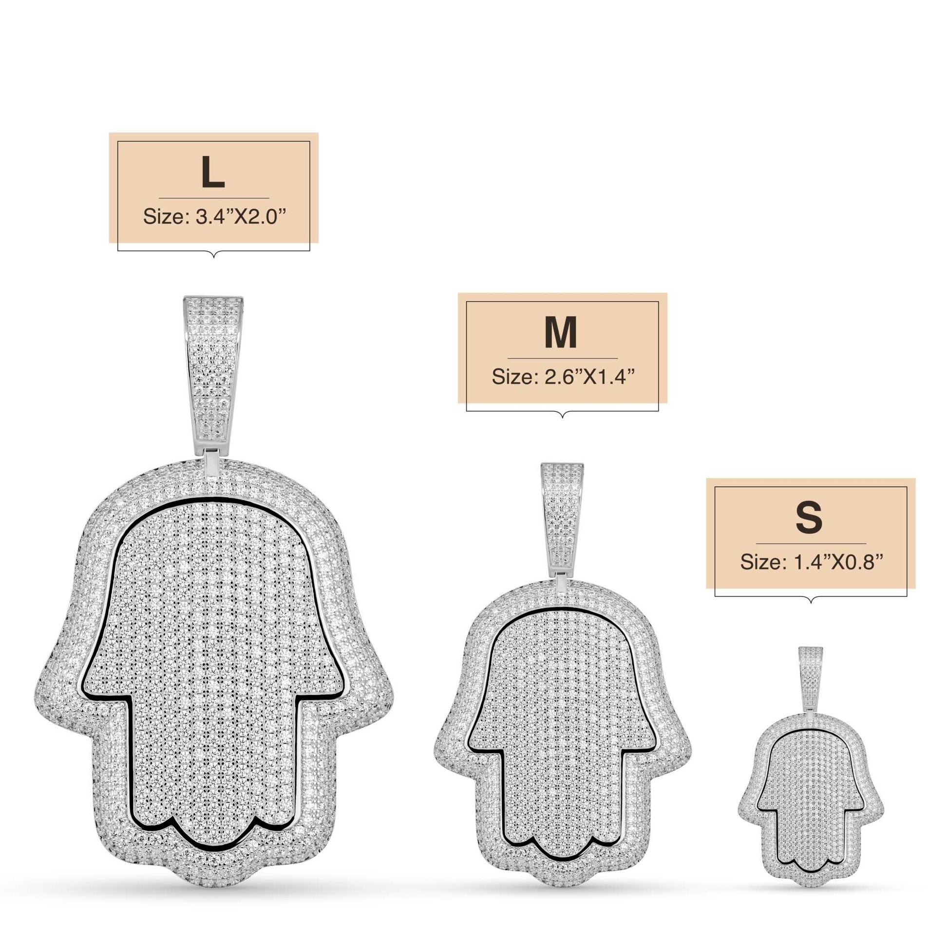 Hand Of God Hamsa Pendant in 925 sterling silver with round-cut CZ 5A stone, available in small, medium, large sizes.