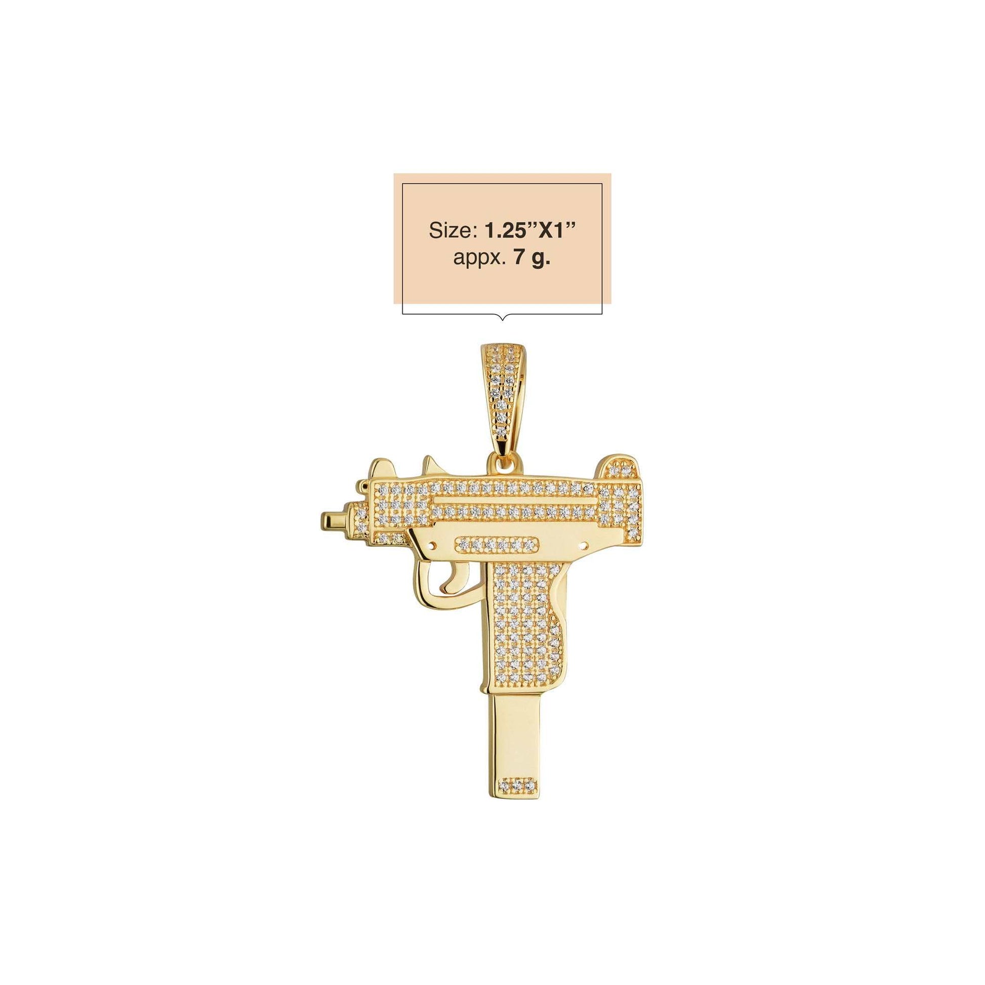 Uzi Pendant with clear CZ stones and 14k yellow gold-plating, 1.25x1 inches, 7 grams.