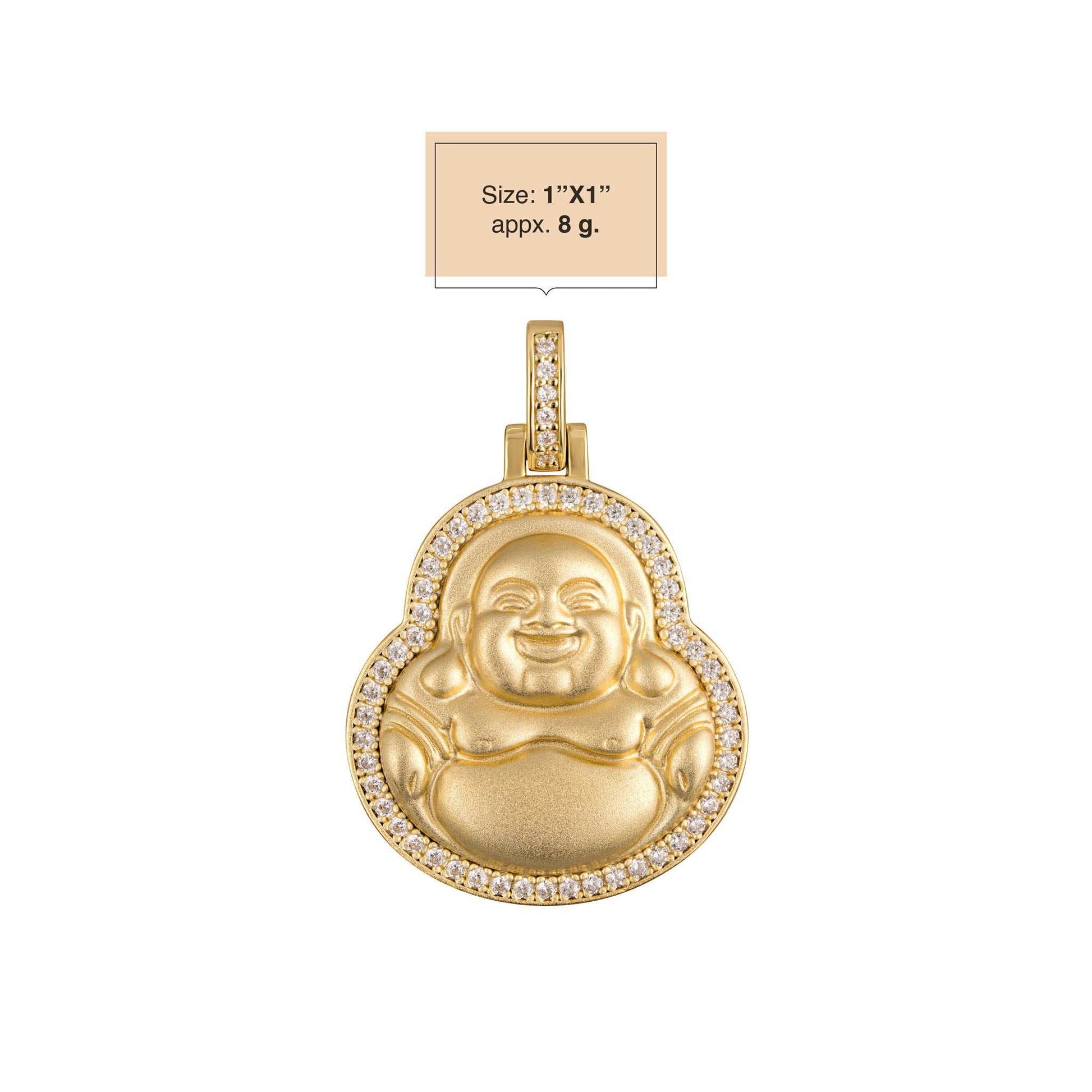 Gold Buddha pendant with micropaved CZ diamonds in sterling silver, 1"x1", 8g.