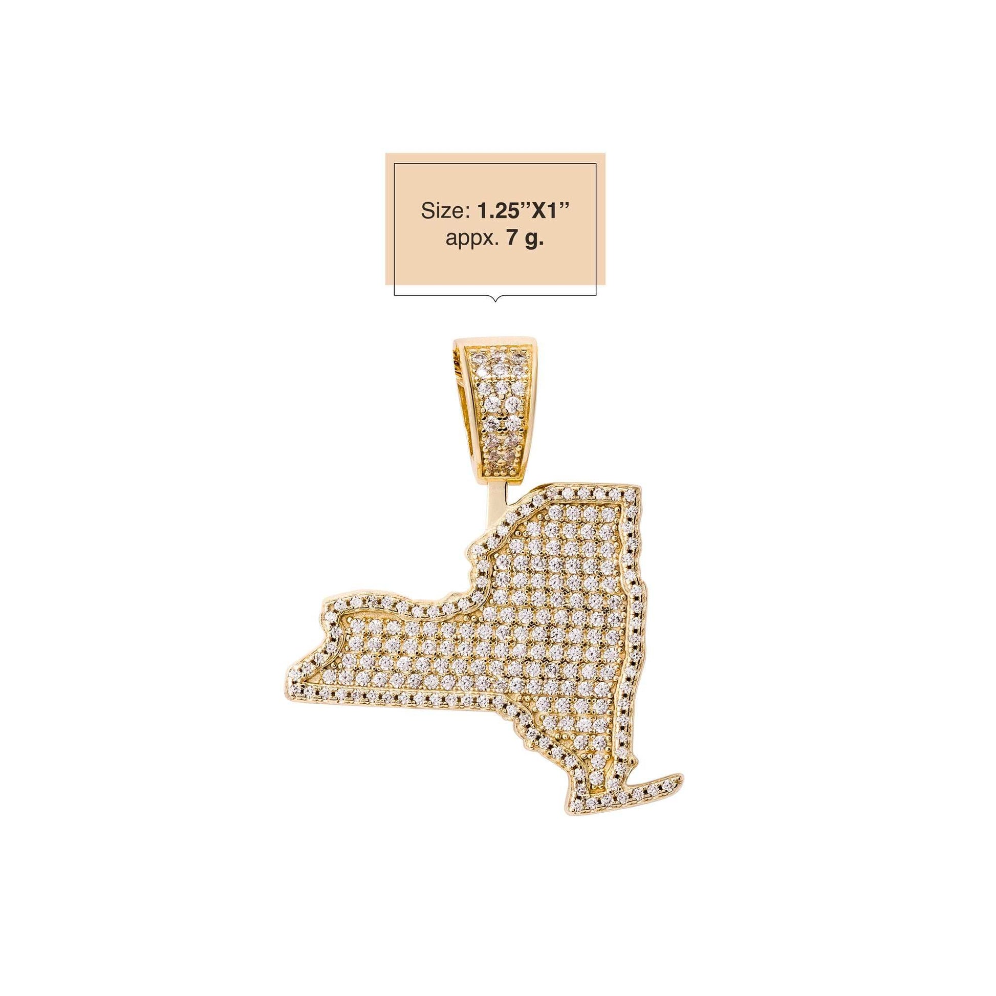 New York pendant in 925 sterling silver with micro paved man-made diamonds, 1.25" x 1", 7 grams.