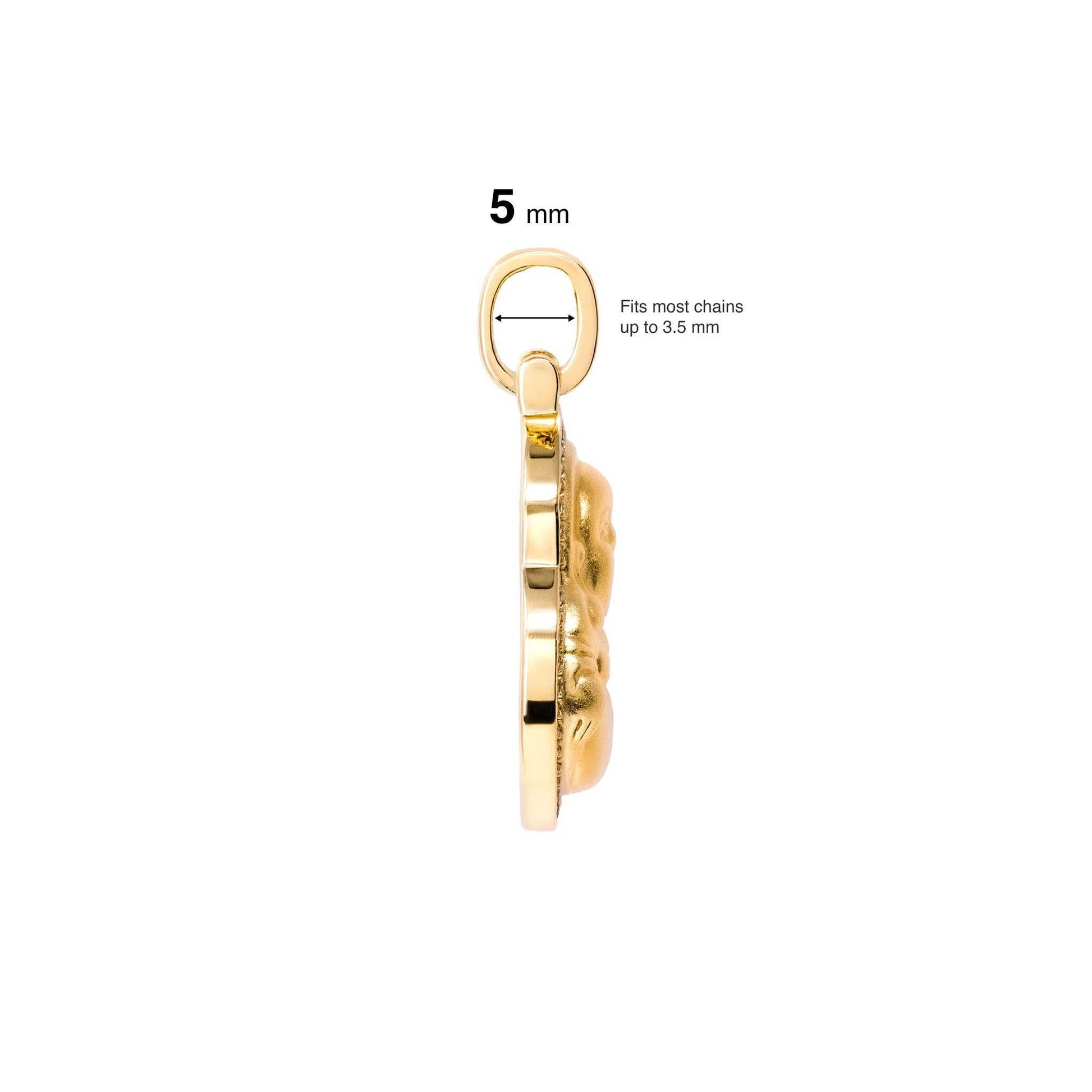 Gold Buddha pendant side view, fits chains up to 3mm, showcasing intricate design in 925 sterling silver.