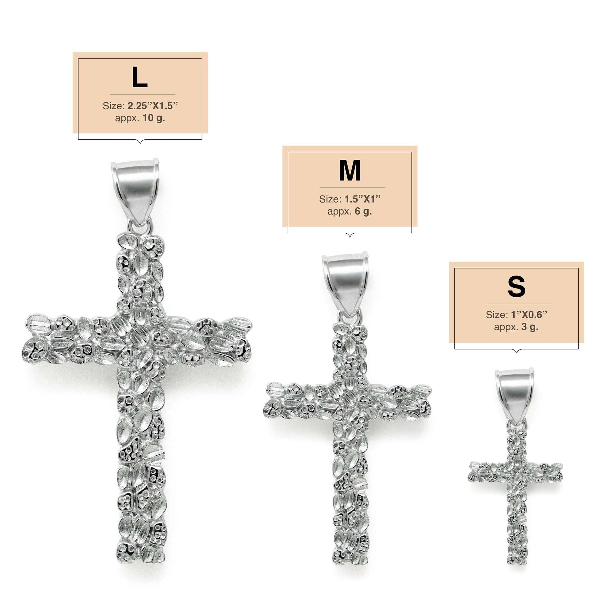Silver Nugget Cross Pendant in three sizes (small, medium, large) made of 925 sterling silver.