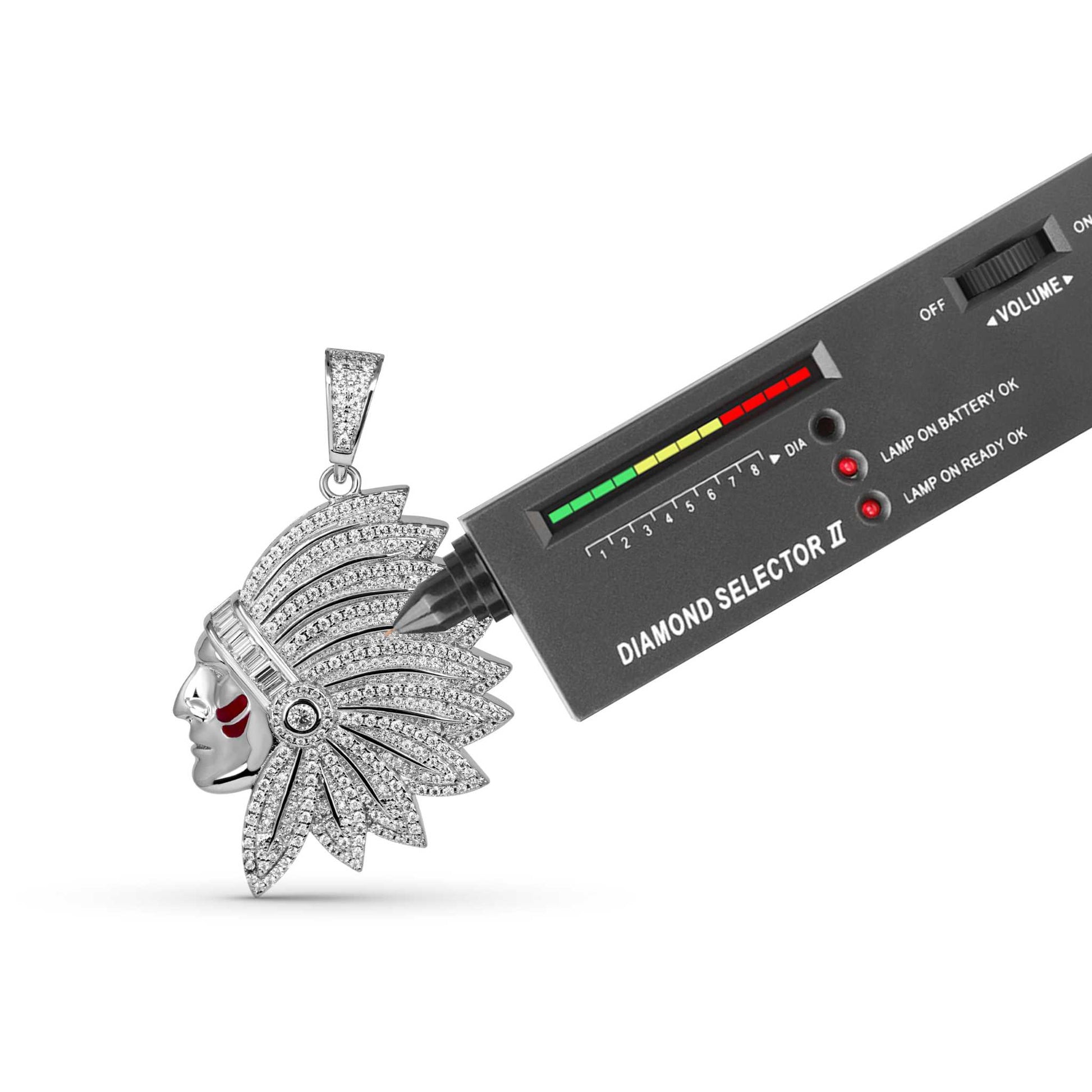 Native American Indian Moissanite Pendant in sterling silver with diamond tester.